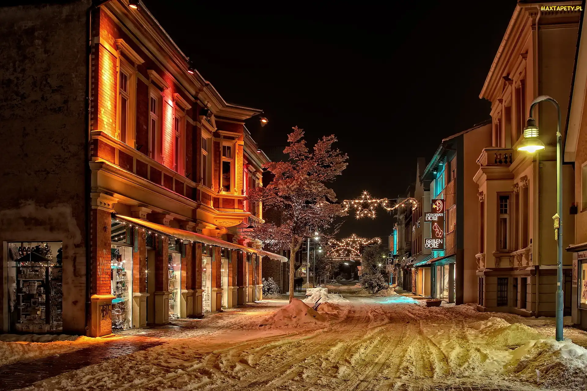 Miasto, Bożonarodzeniowe, Śnieg, Dekoracje, Nocą