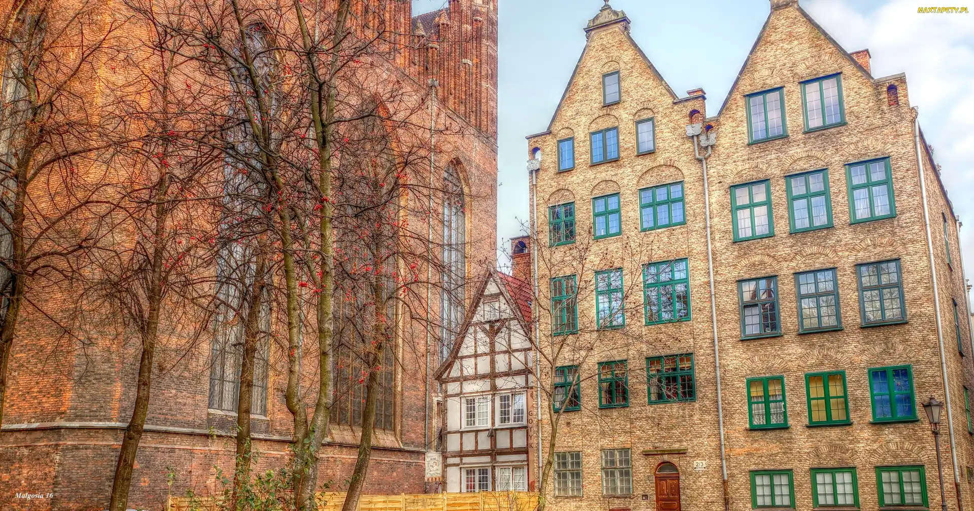 Kościół, HDR, Drzewa, Kamieniczki, Gdańsk