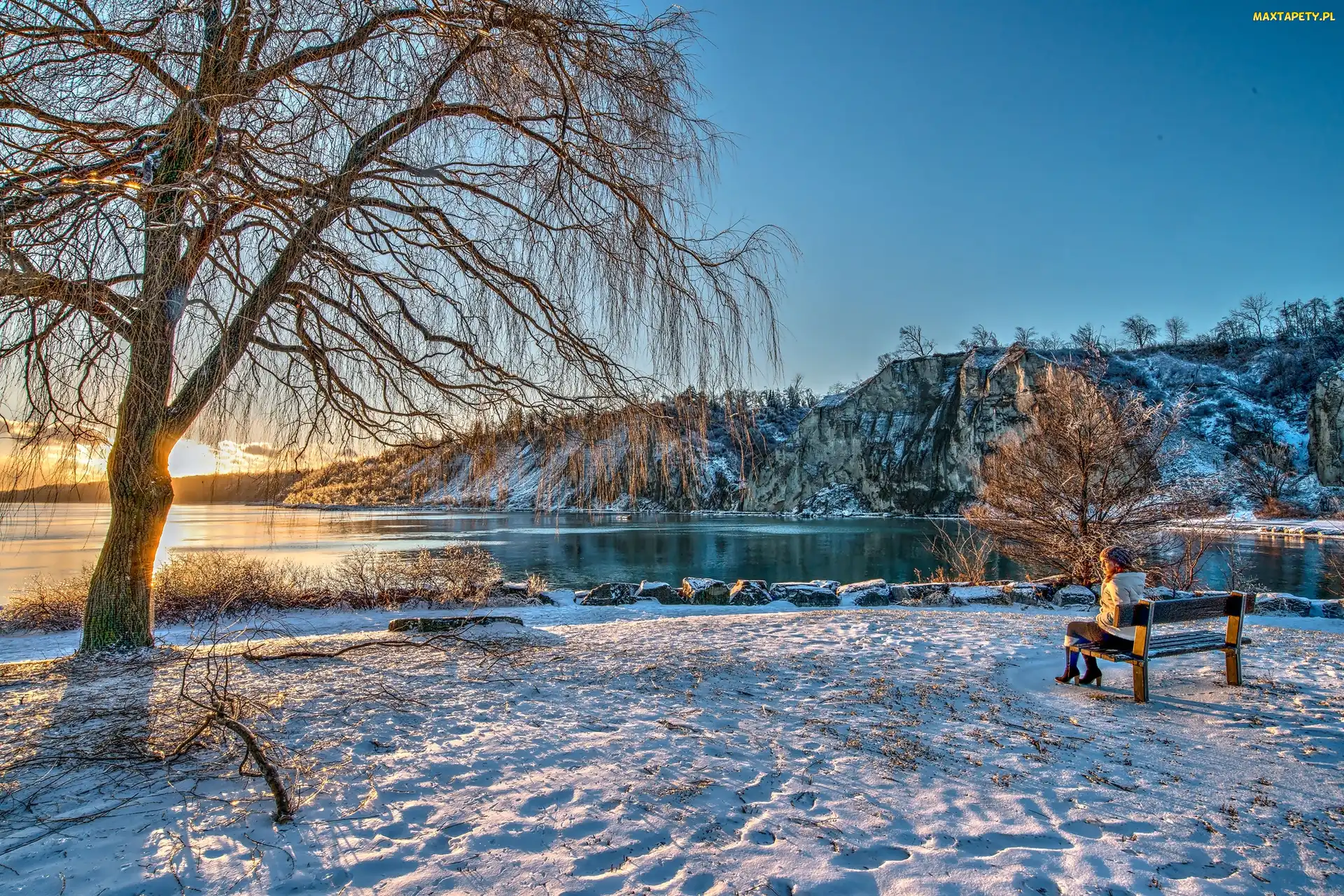Ławka, Ontario, Jezioro, Zima, Kobieta