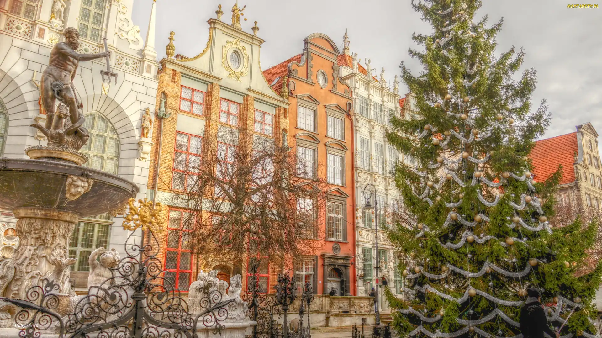 Kamienice, Choinka, Stare Miasto, HDR, Neptun, Gdańsk, Posąg