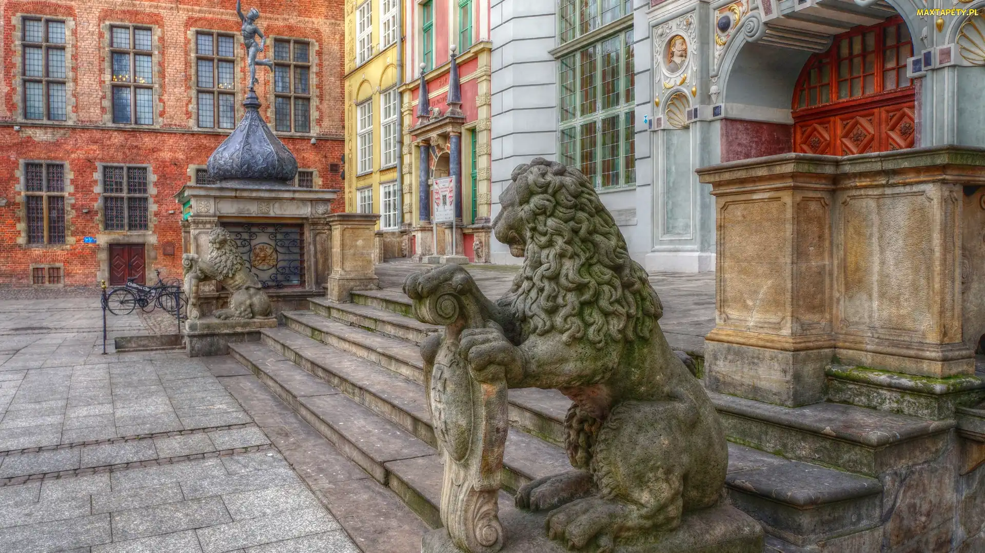 Lwy, Kamienne, Budynek, Gdańsk, Dwór Artusa, Posągi