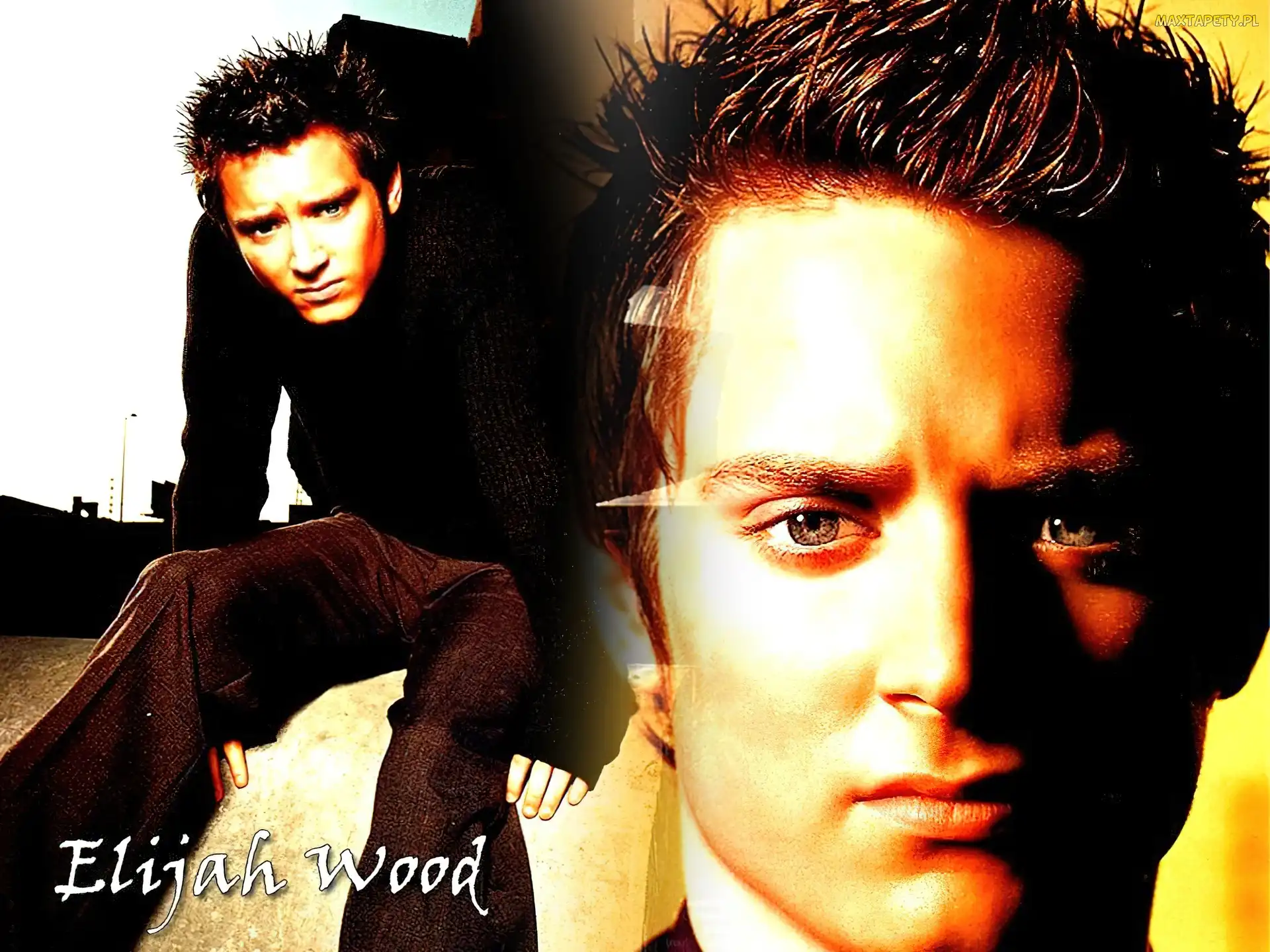 sweterek, brązowe spodnie, Elijah Wood