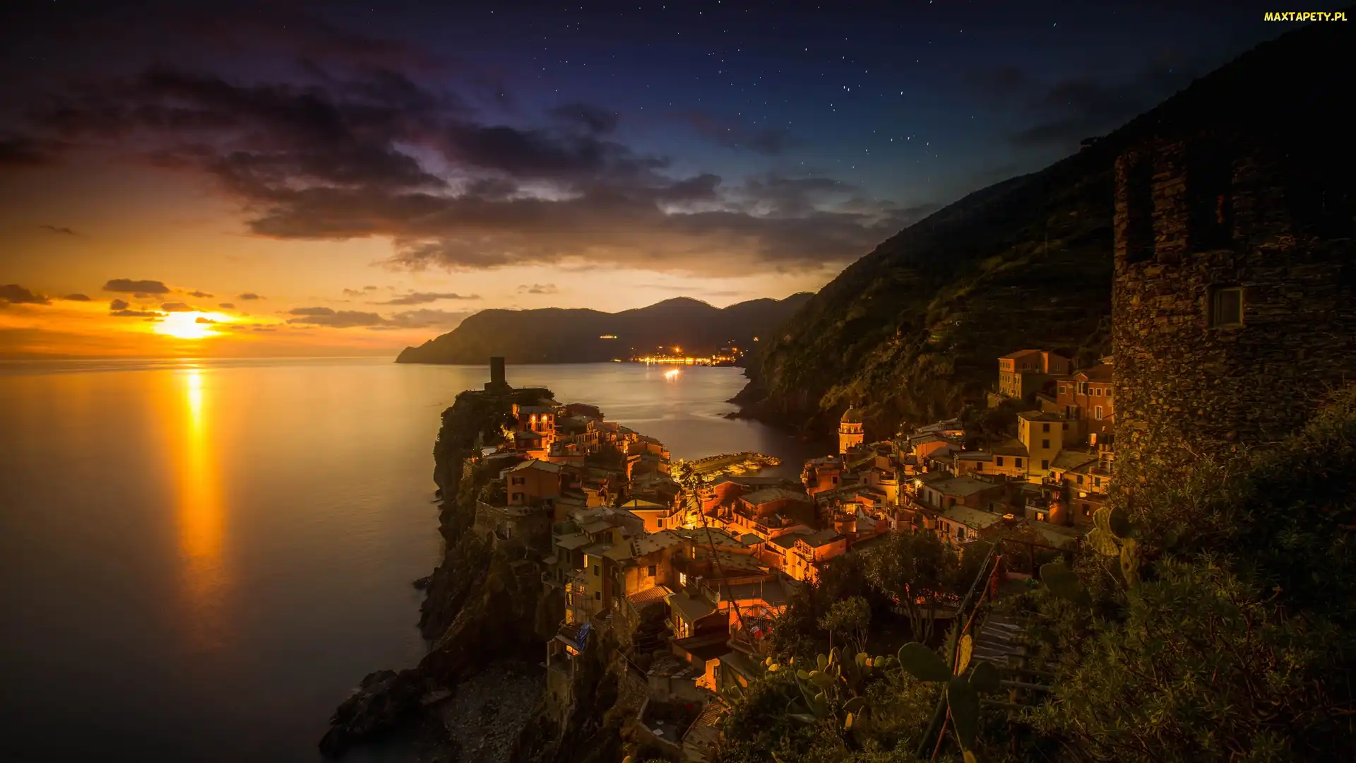 Vernazza, Zachód Słońca, Włochy, Wybrzeże, Cinque Terre