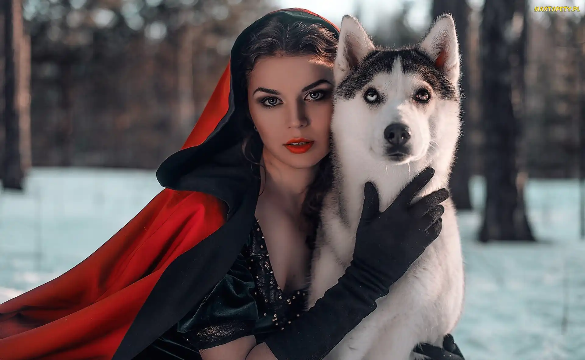 Kobieta, Husky, Peleryna, Pies, Czerwona