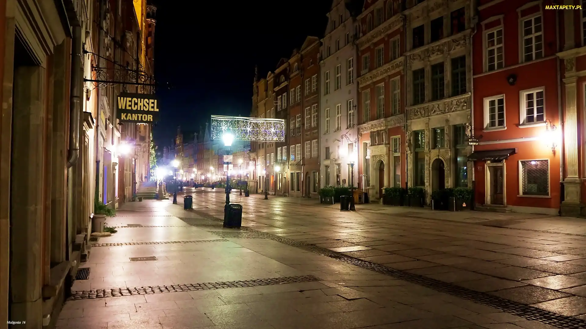 Miasto, Gdańsk, Latarnie, Ulica, Kamienice, Noc