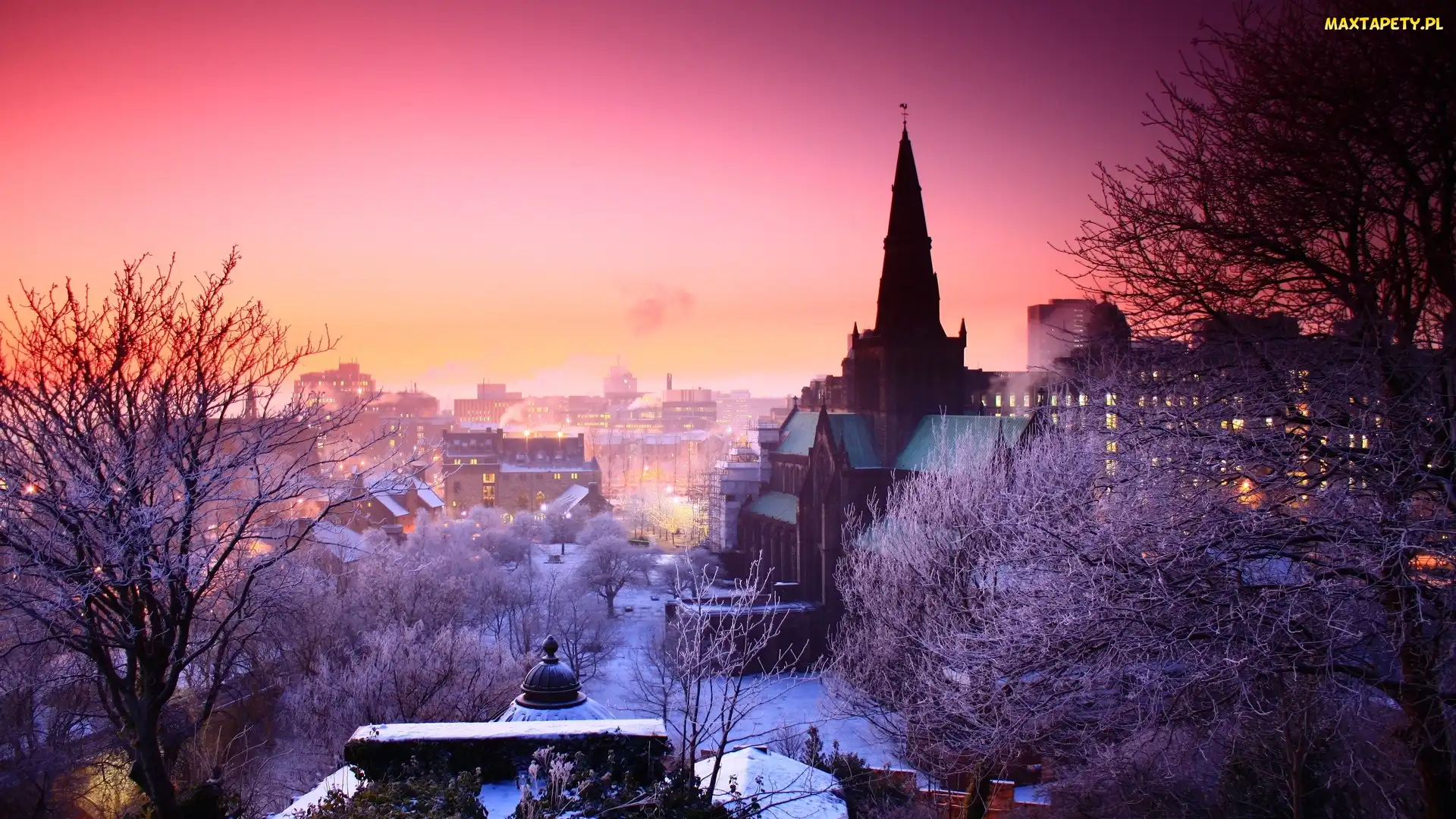 Zima, Kościół, Budynki, Szkocja, Glasgow, Drzewa, Wielka Brytania