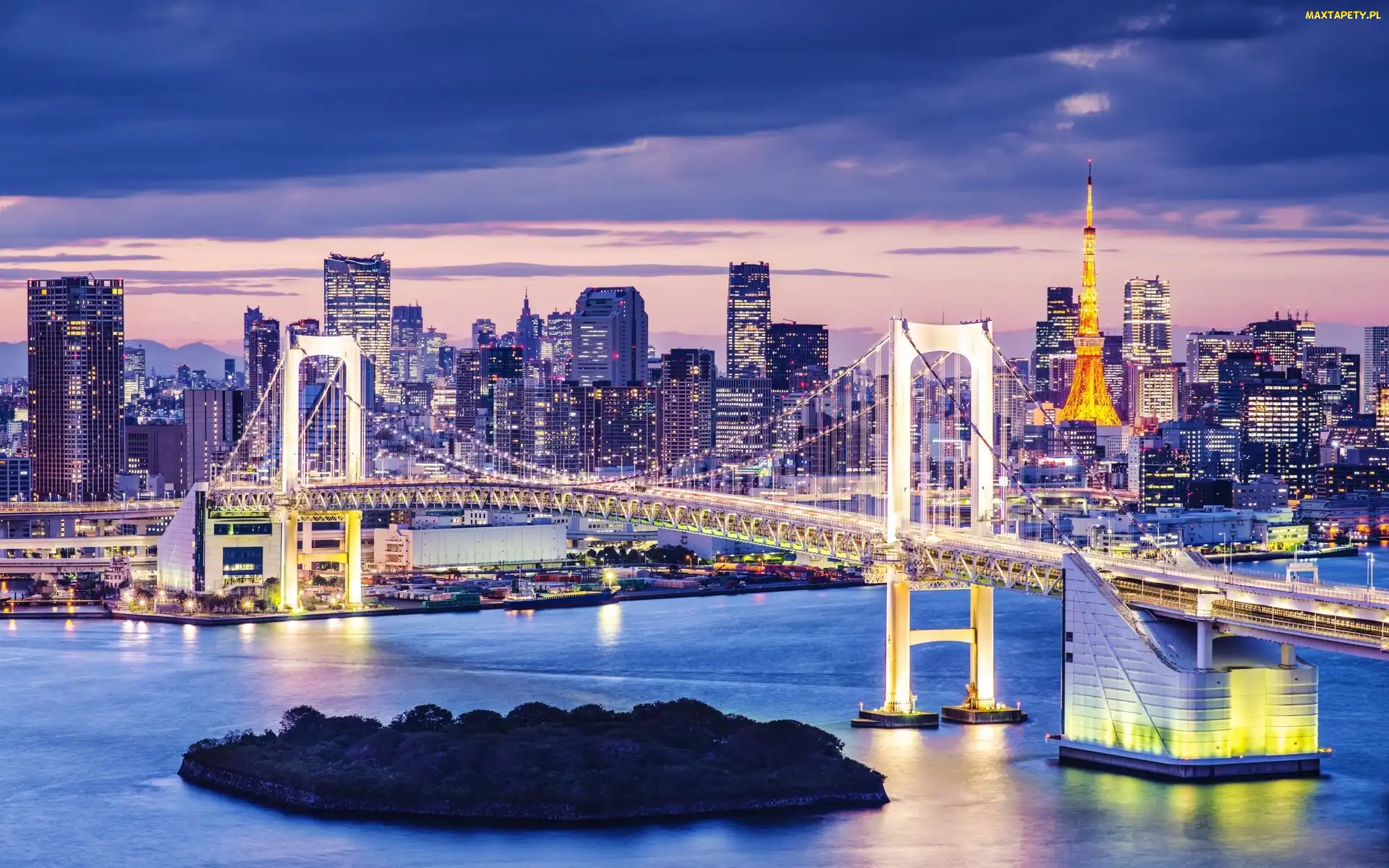 Noc, Japonia, Azja, Most, Tokio