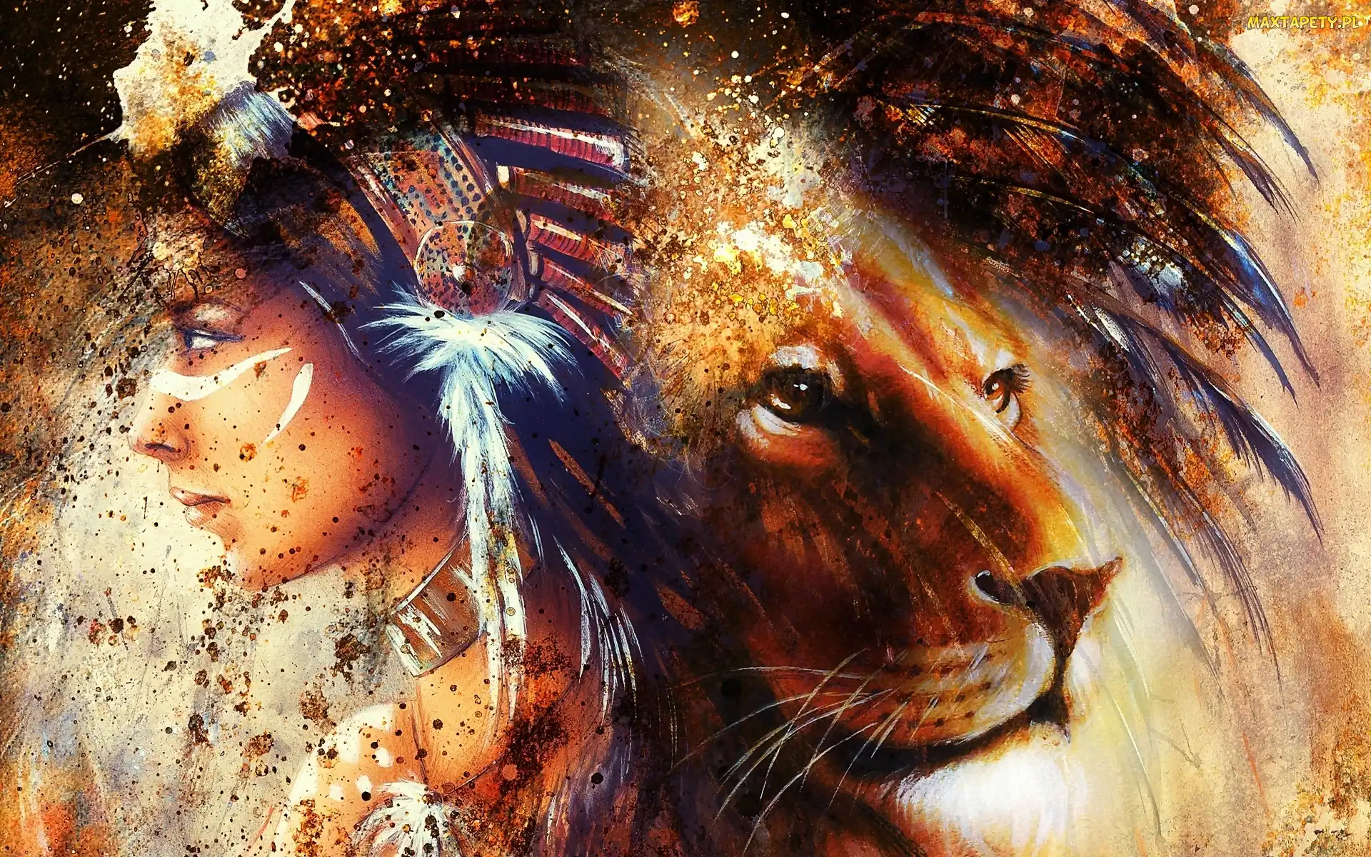 Indianka, Lew, Grafika, Fantasy
