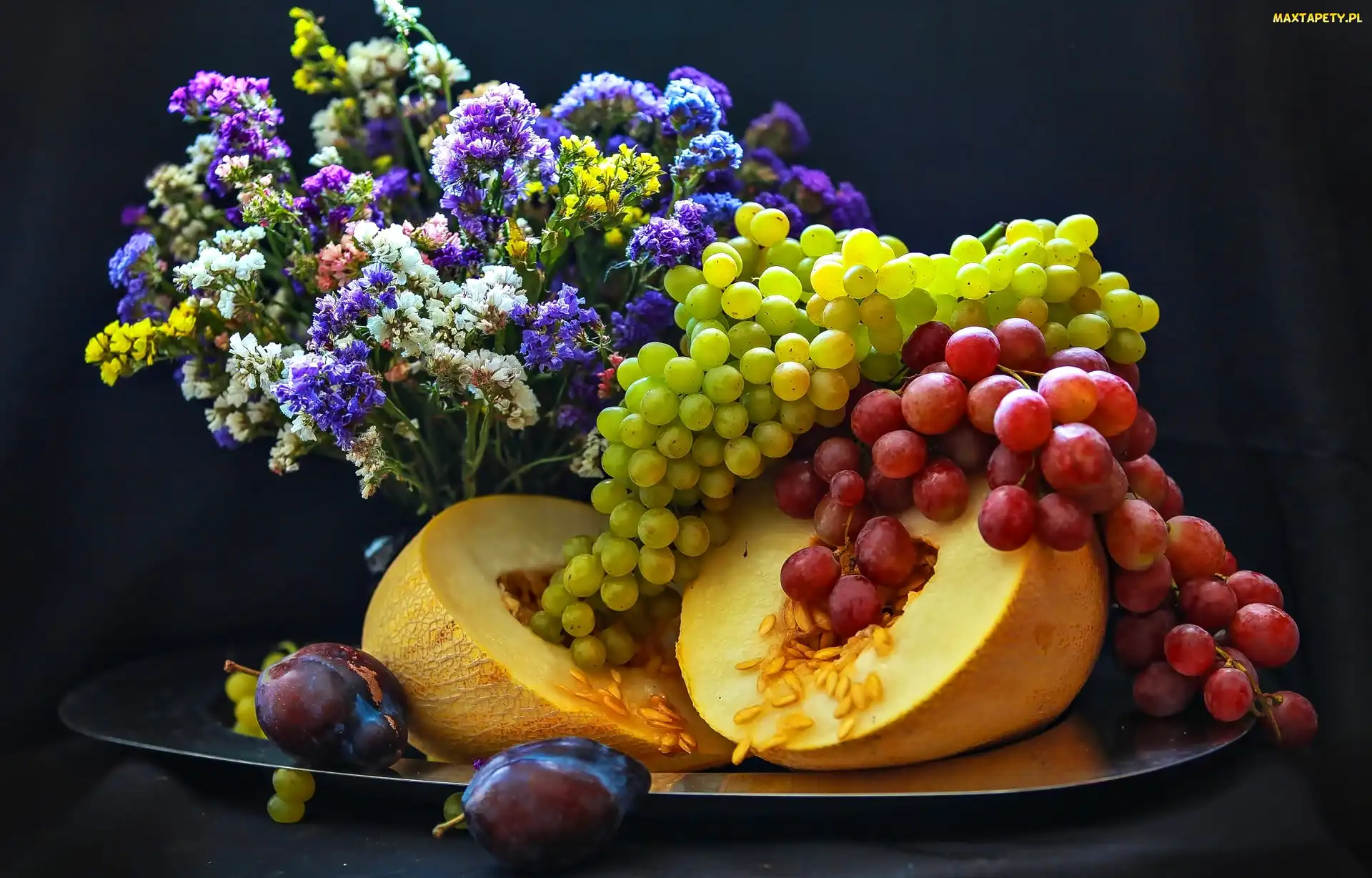 Winogrona, Kompozycja, Bukiet Kwiatów, Śliwki, Melon
