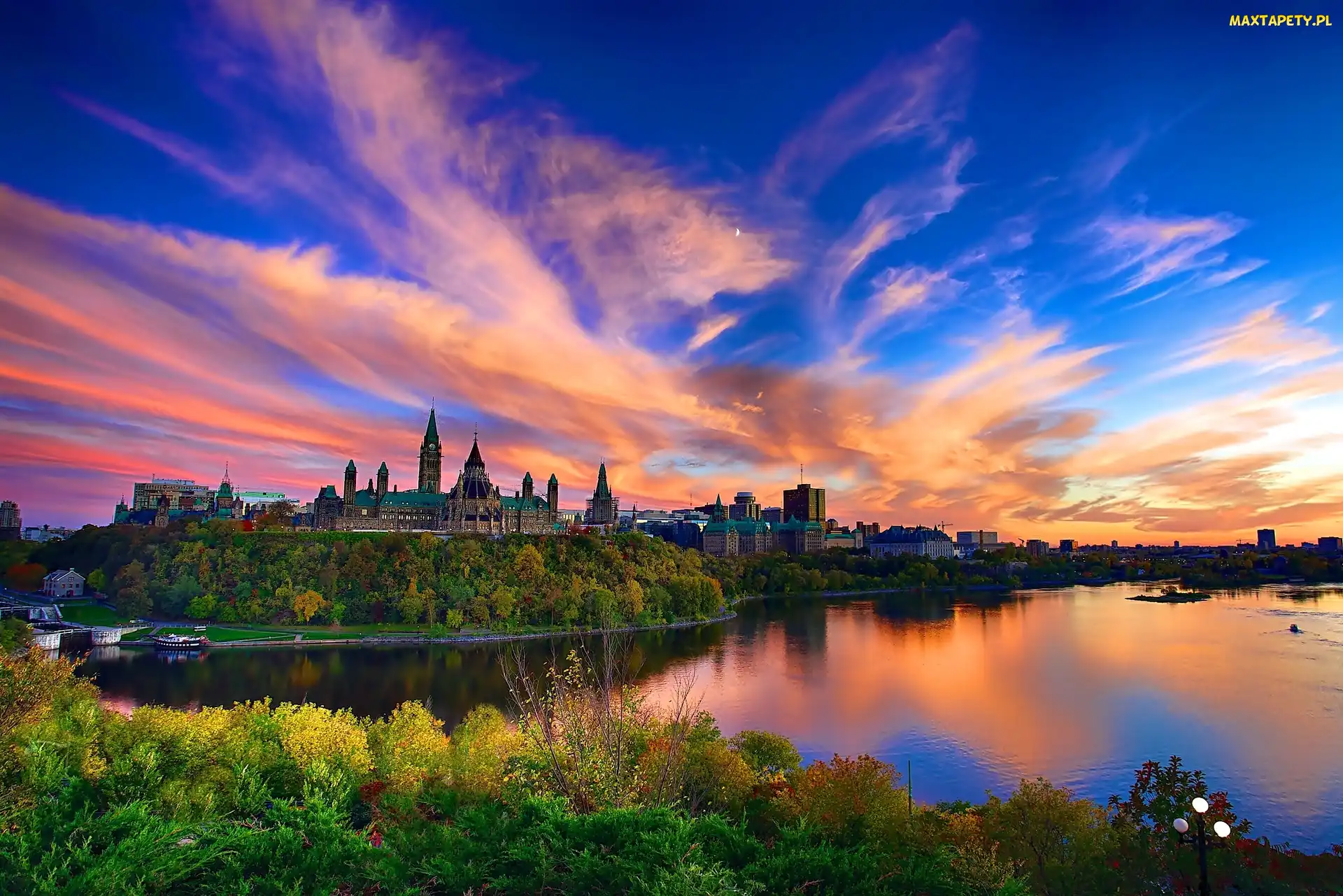 Ottawa, Kanada, Parlament Hill, Zachód Słońca, Rzeka