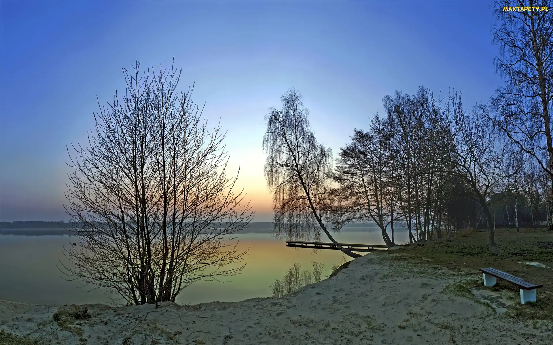 Ławka, Pomost, Wschód, Jezioro, Słońca, Drzewa