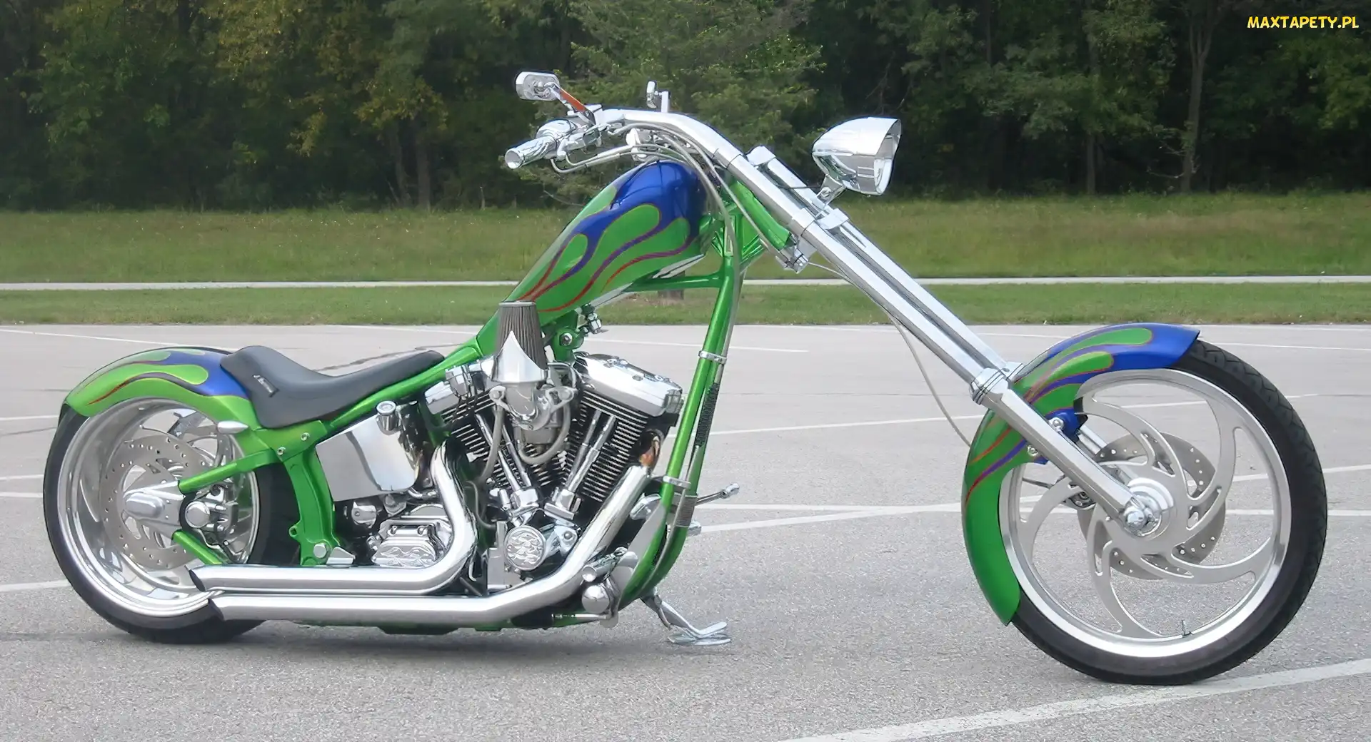 zielony, koła, światła , opony , kierownica, Cruiser, lusterka, tłumik , Chopper, siedzenie