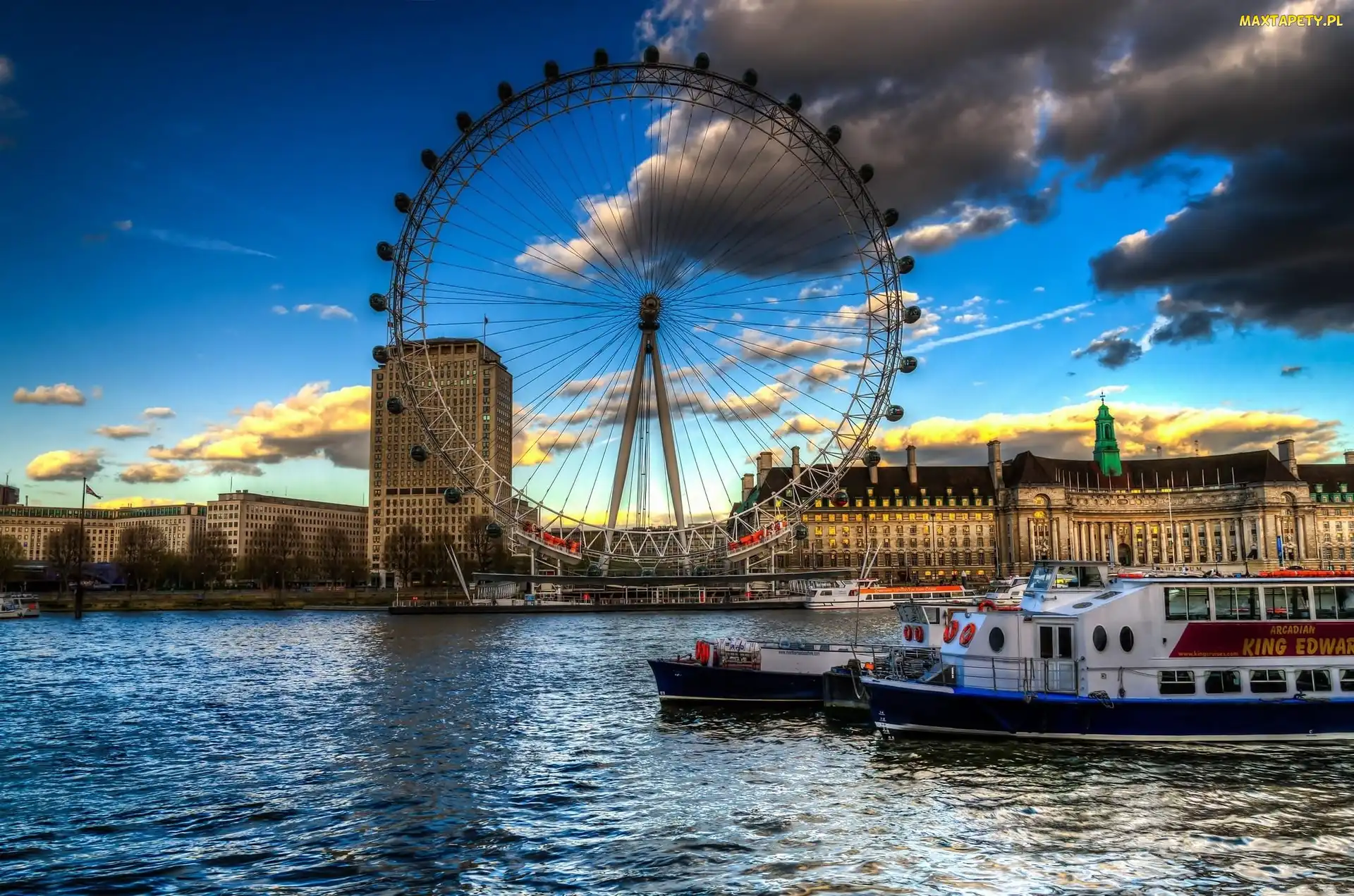 Anglia, Londyn, Tamiza, London Eye, Statki, Chmury