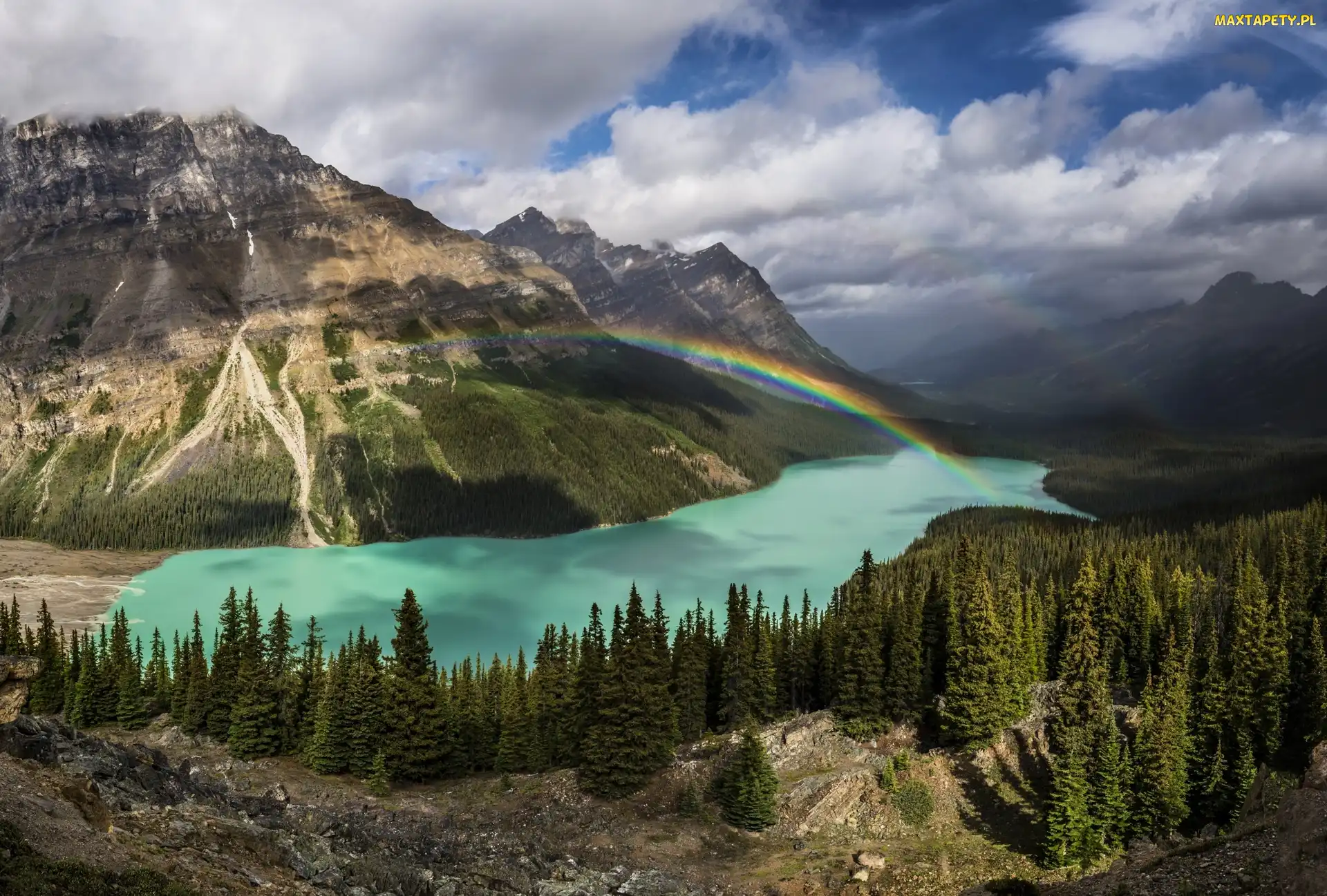 Tęcza, Kanada, Jezioro Peyto Lake, Góry, Park Narodowy Banff, Prowincja Alberta