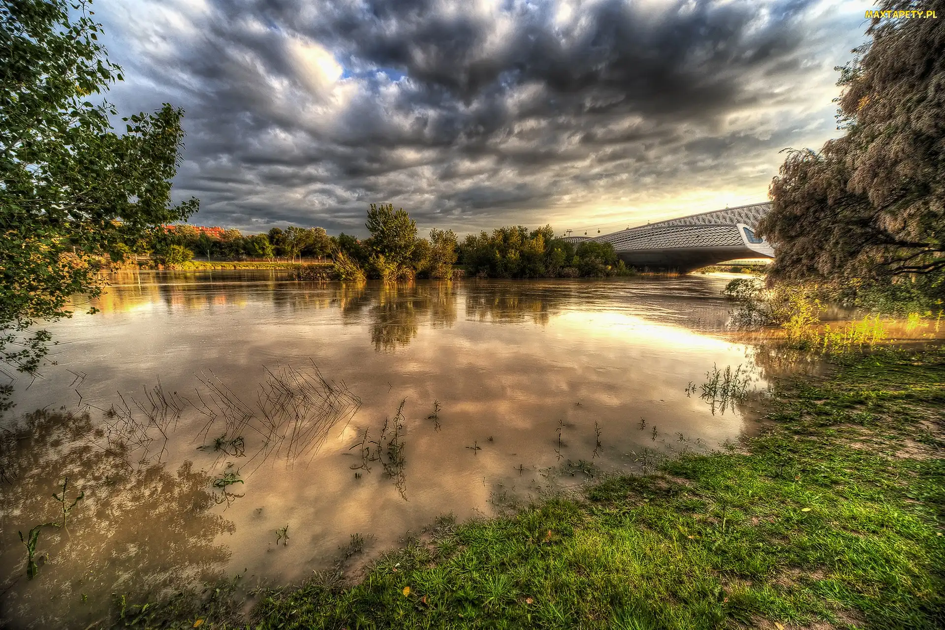 Saragossa, HDR, Chmury, Niebo, Rzeka, Most