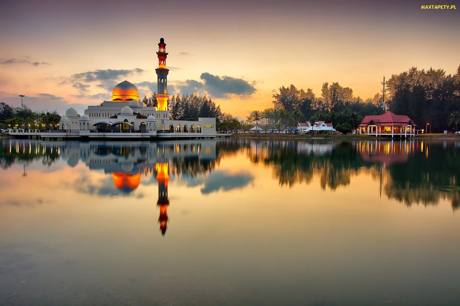 Słońca, Zachód, Minaret, Meczet, Jezioro, Drzewa