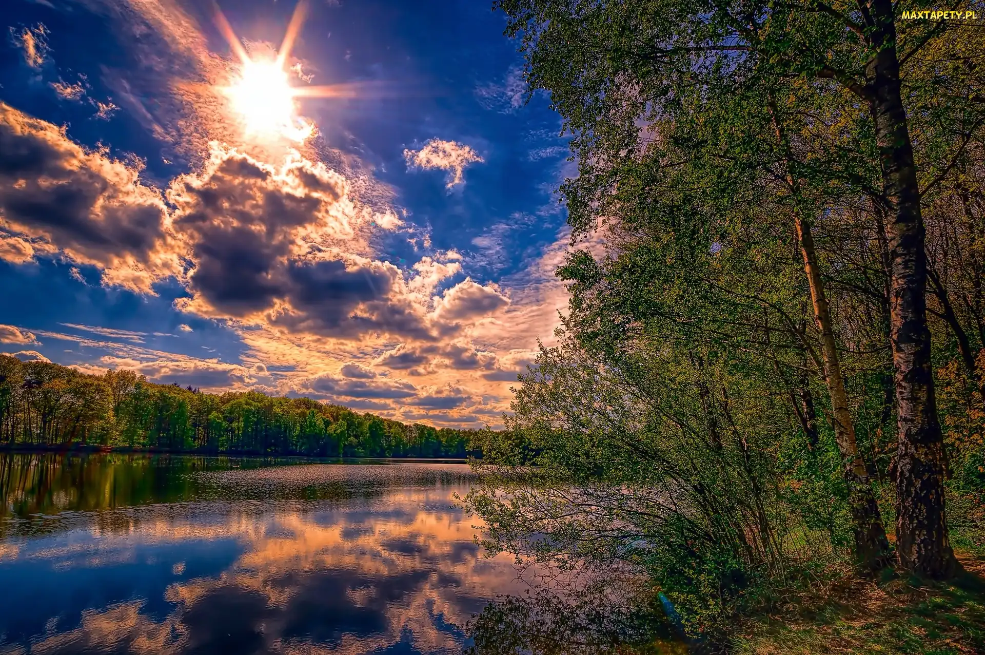 Słońce, Chmury, Las, Rzeka