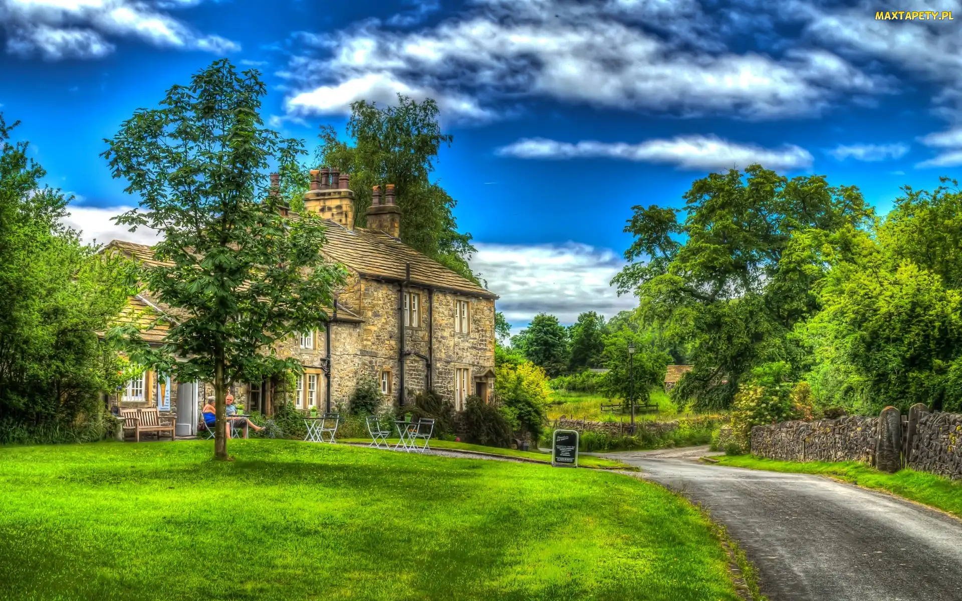 Drzewa, HDR, Dróżka, Trawa, Dom