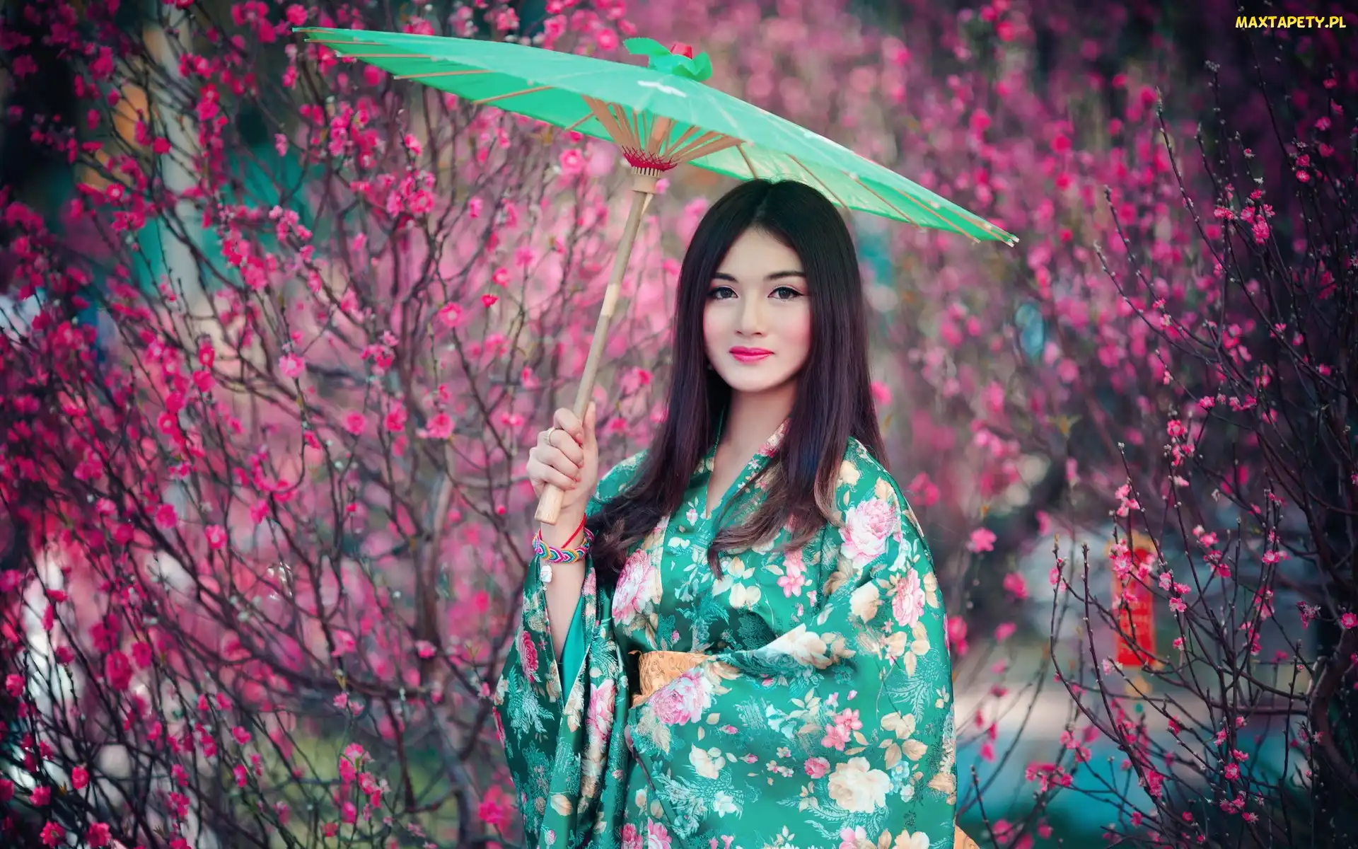 Parasolka, Kwiaty, Kobieta, Brunetka, Makijaż, Kimono