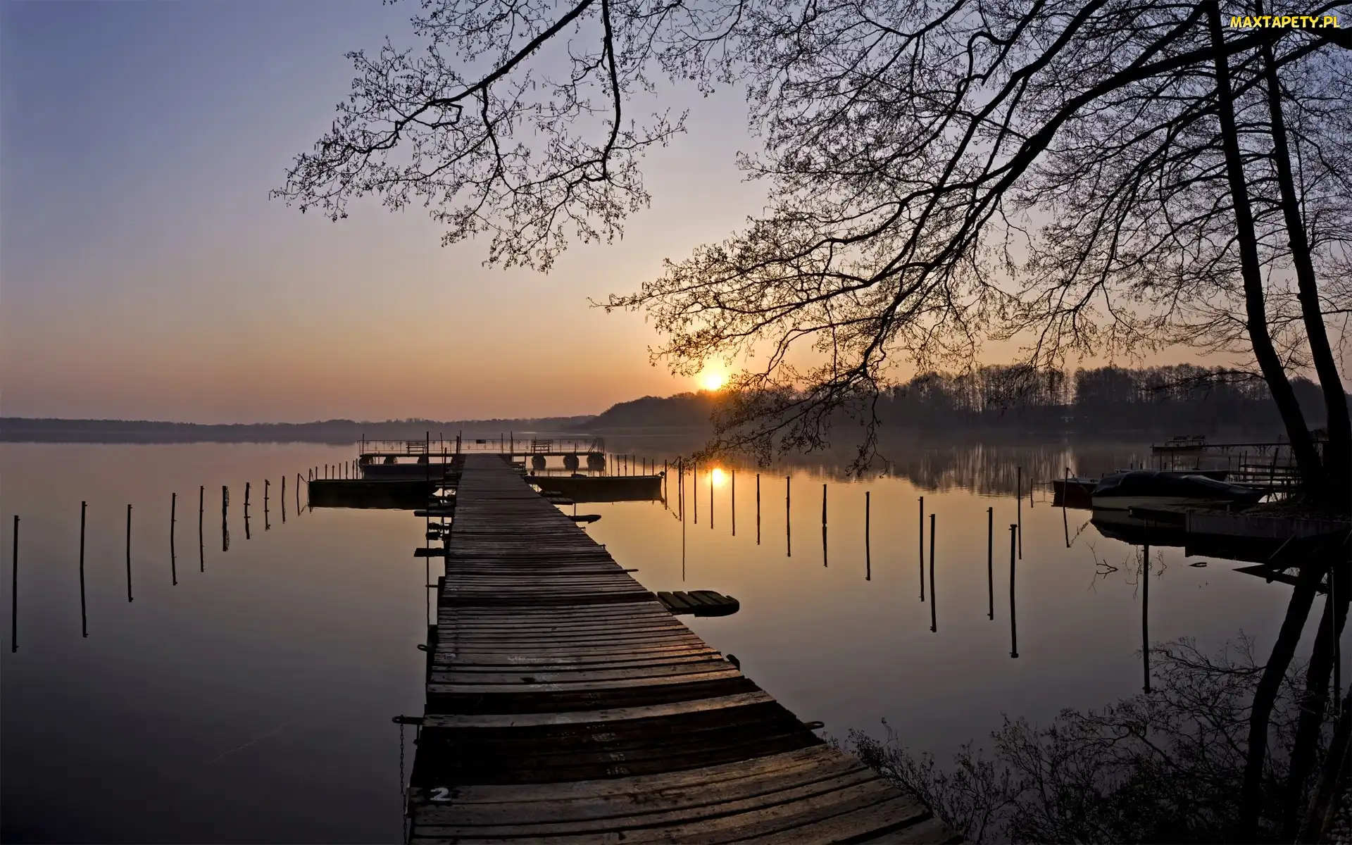 Słońca, Drzewa, Molo, Jezioro, Wschód