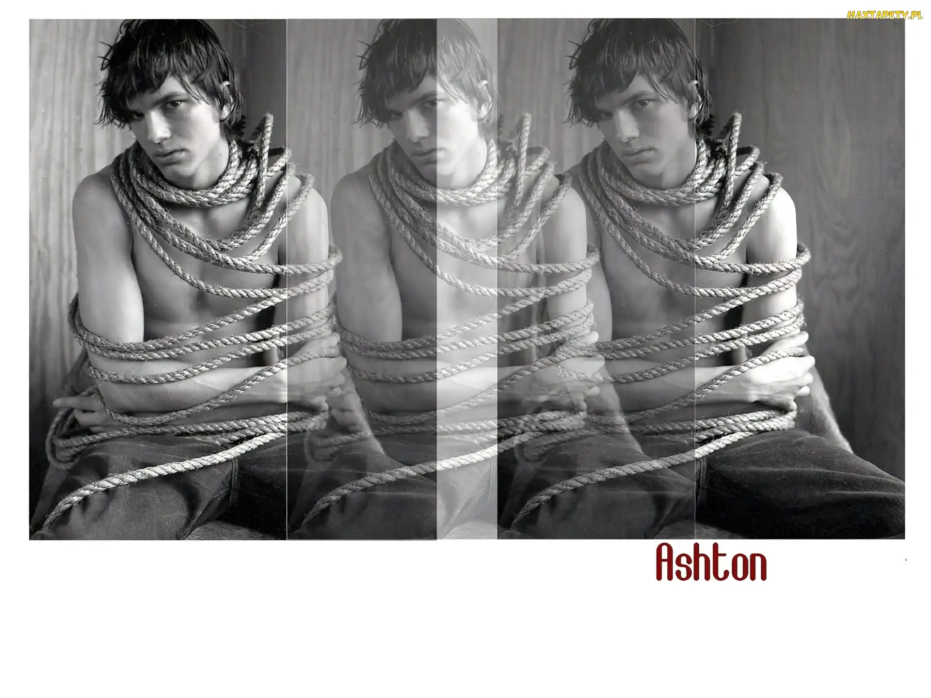 Ashton Kutcher, sznurem, związany