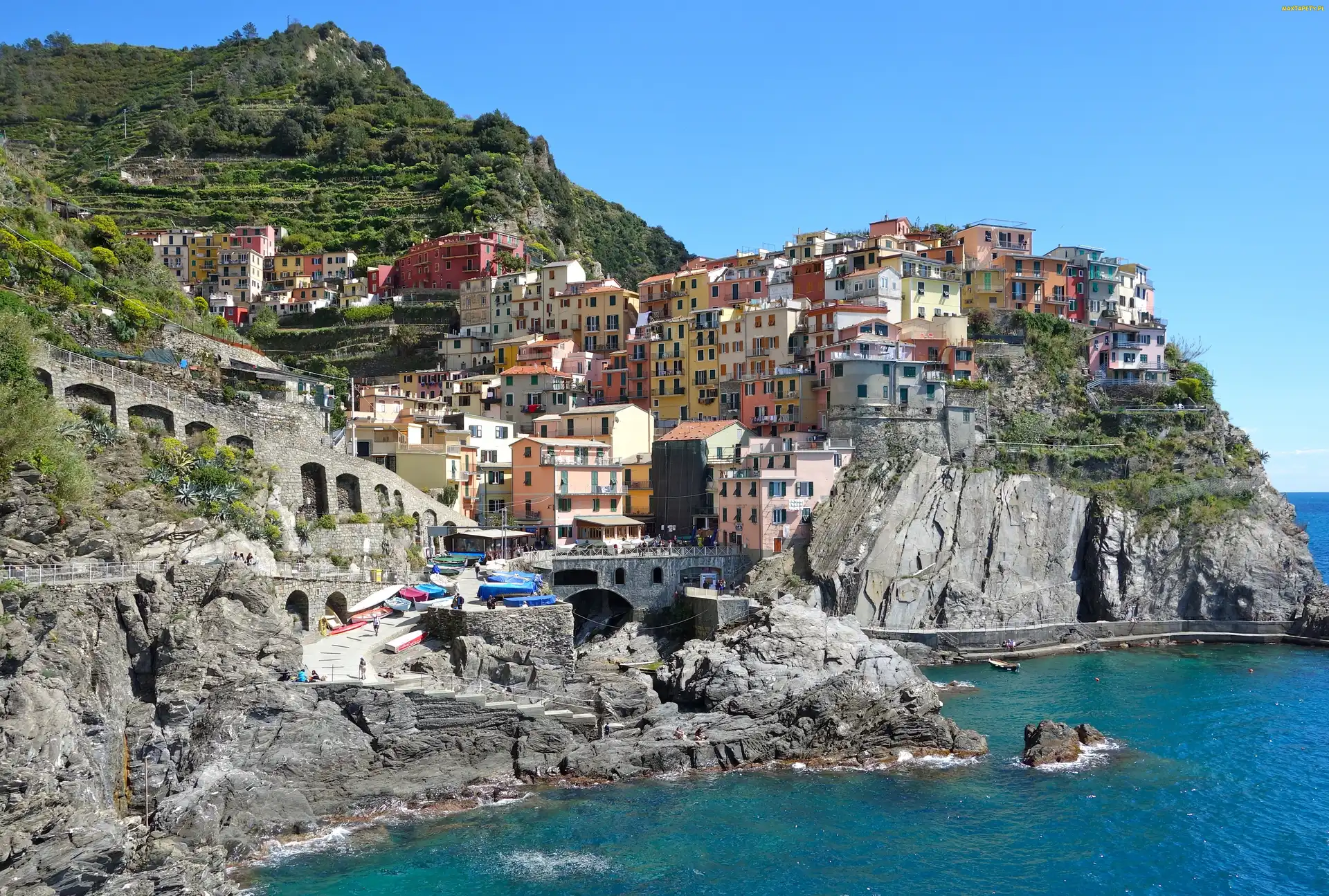 Morze, Skały, Cinque, Domy, Manarola, Włochy, Terre