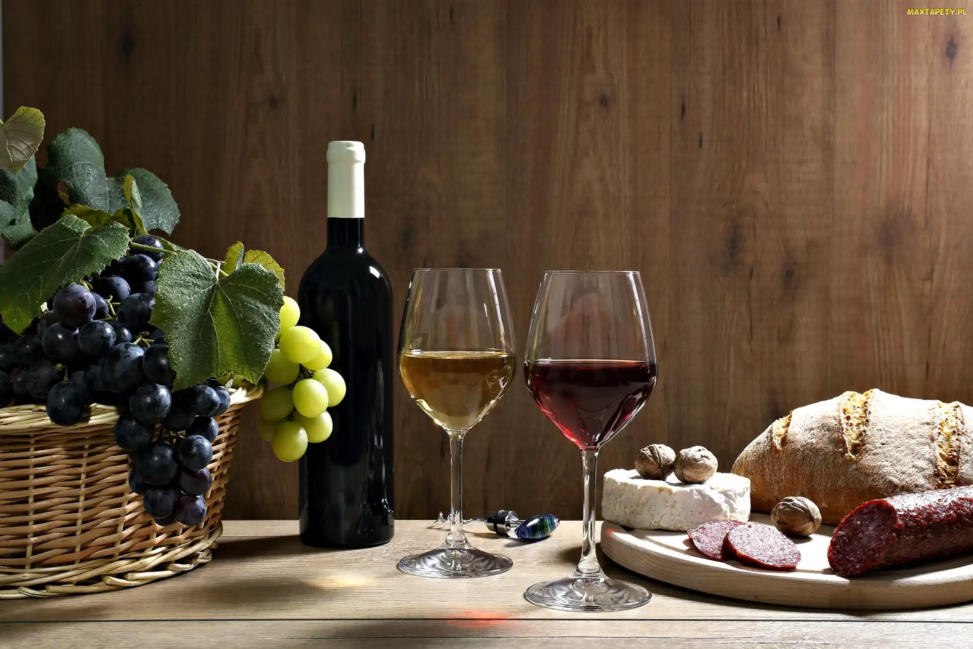 Kieliszki, Butelka, Winogrona, Wino