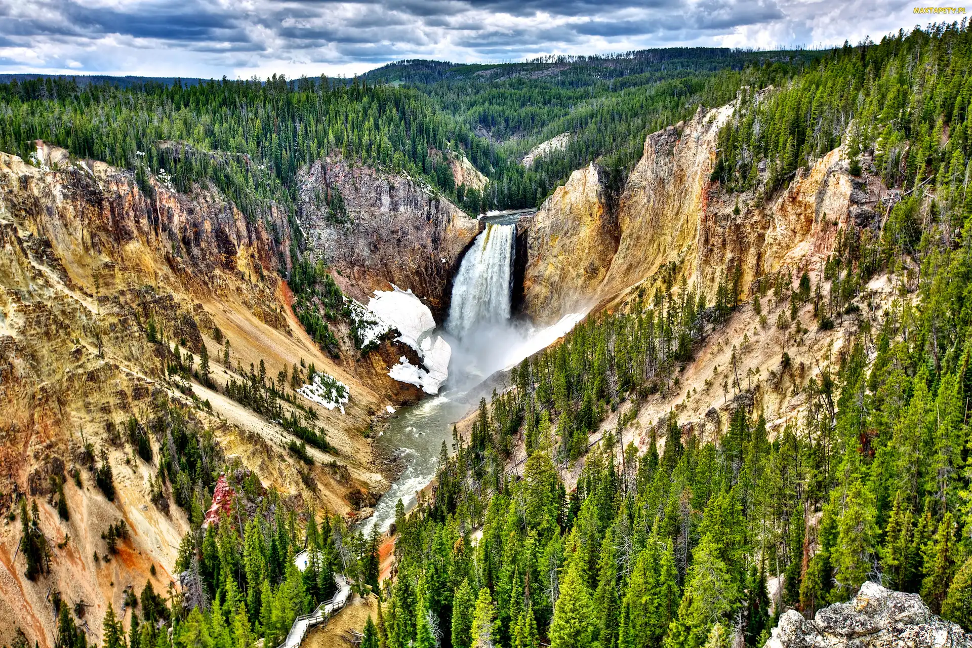 Park Narodowy Yellowstone, Lower Falls, Stany Zjednoczone, Wodospad Dolny, Skały, Wielki Kanion Yellowstone, Góry, Rzeka Yellowstone