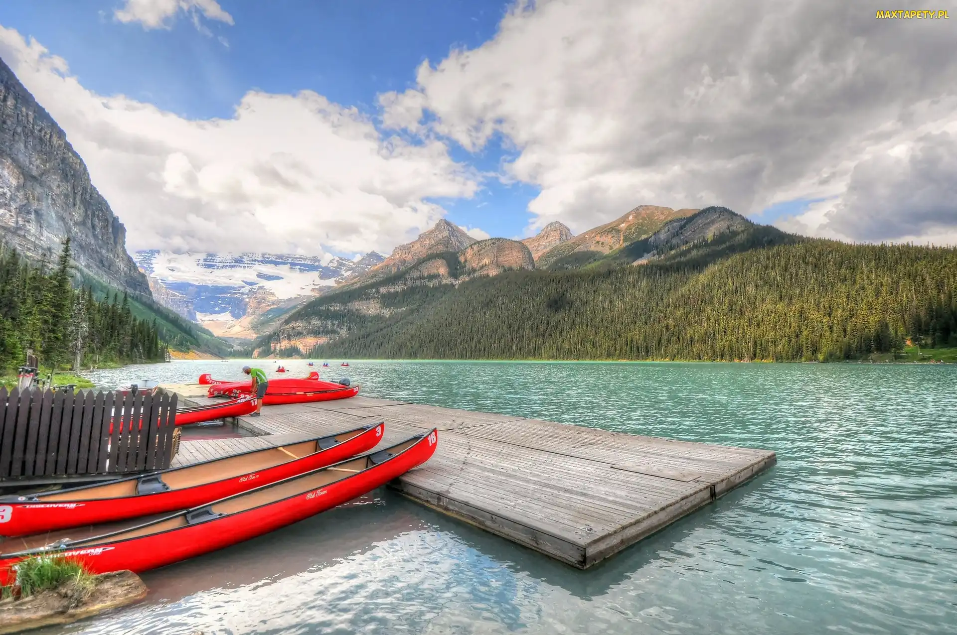 Góry, Pomost, Prowincja Alberta, Jezioro Lake Louise, Kajaki, Kanada, Park Narodowy Banff