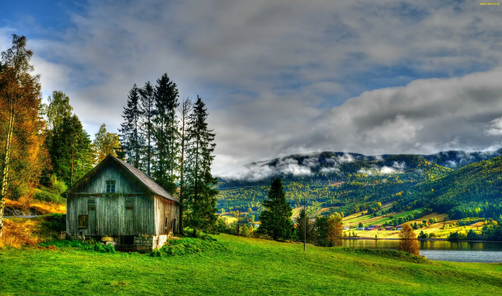 Góry, Domek, HDR, Jeziorko, Trawa, Drzewa, Mgła