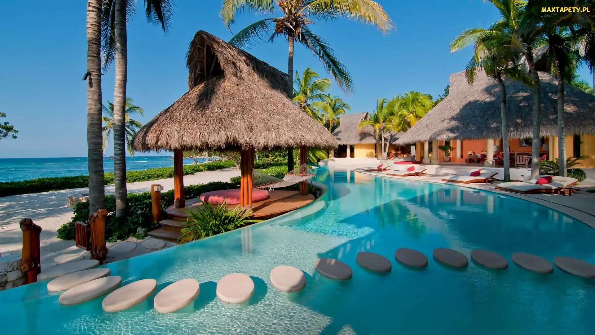 Basen, Palmy, Tropiki, Hotel, Ocean, Domy
