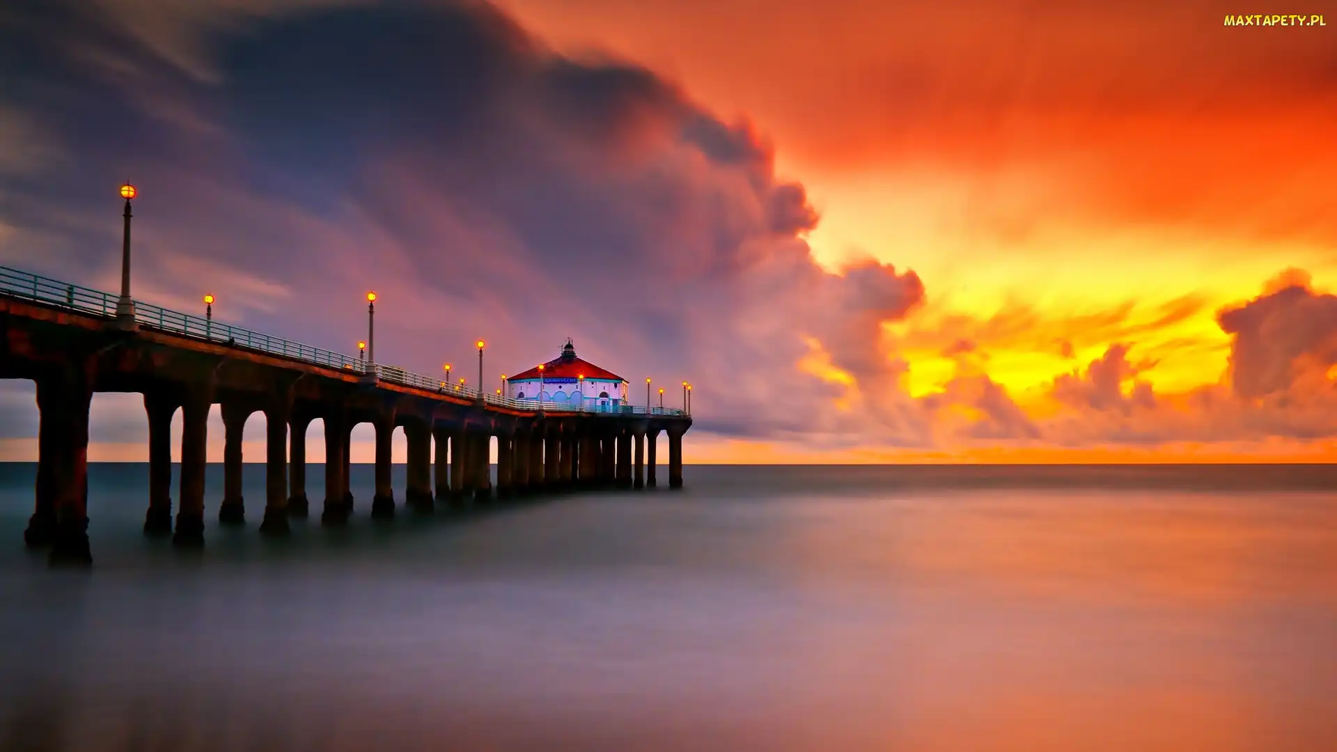 Kalifornia, Huntington Beach, Molo, Stany Zjednoczone, Zachód słońca, Morze, Huntington Beach Pier