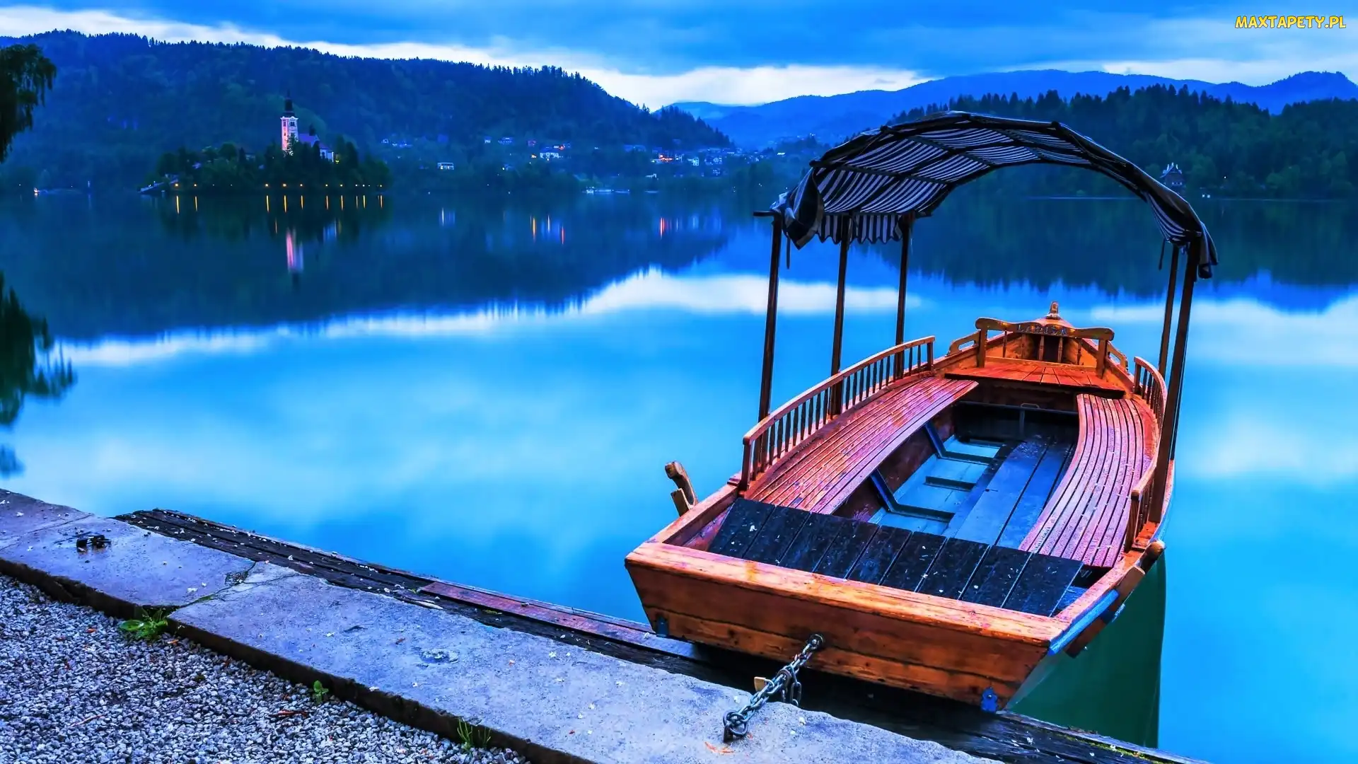 Zmierzch, Łódka, Bled, Słowenia, Kościół, Jezioro, Wyspa