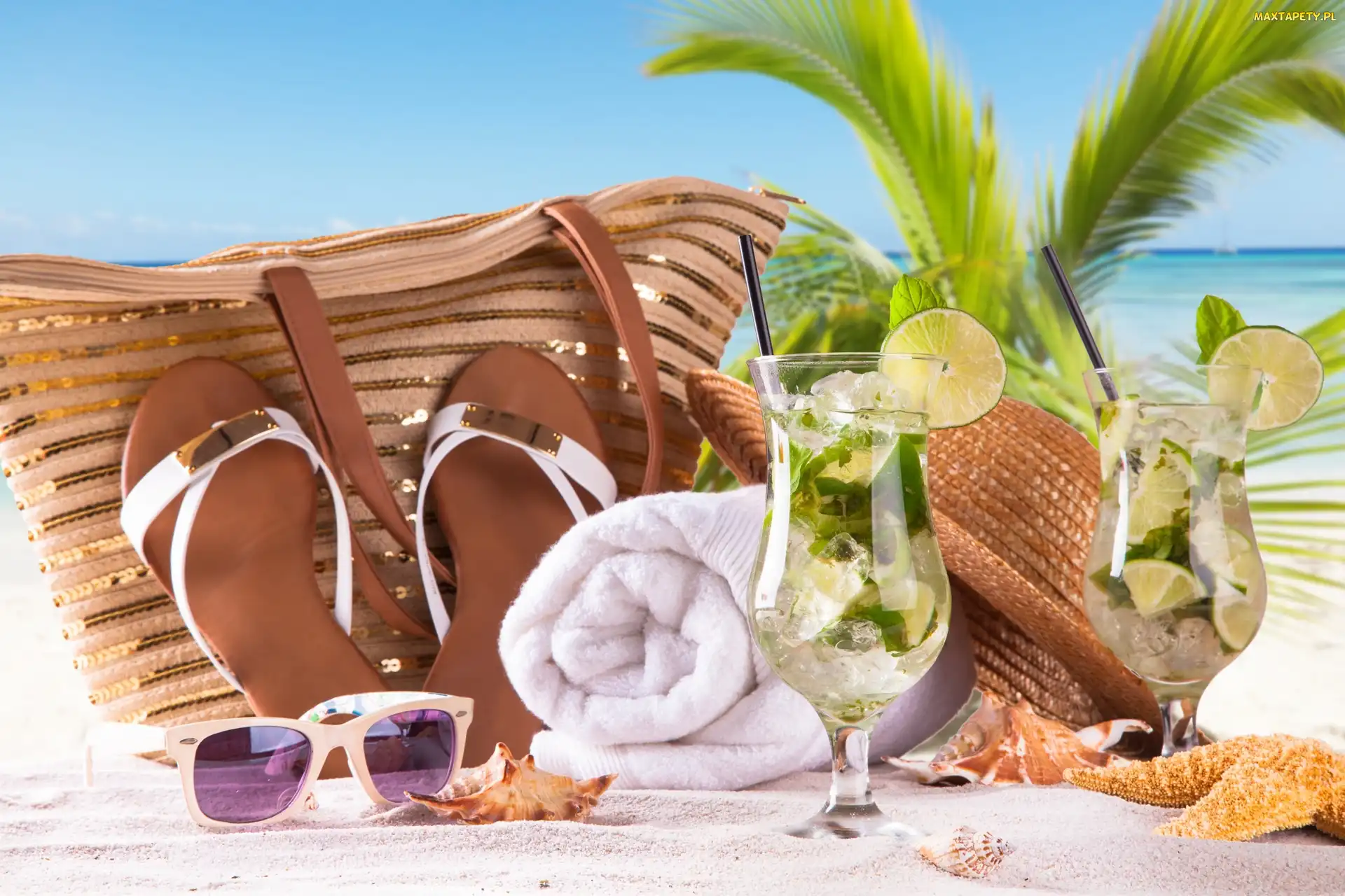 Palma, Muszle, Kompozycja, Wakacje, Okulary, Klapki, Kapelusz, Plaża