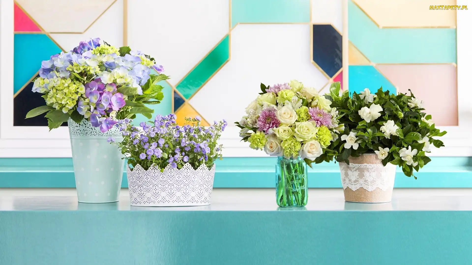 Bukiety, Kwiaty, Doniczki, Gardenia, Róże, Lobelia, Hortensja