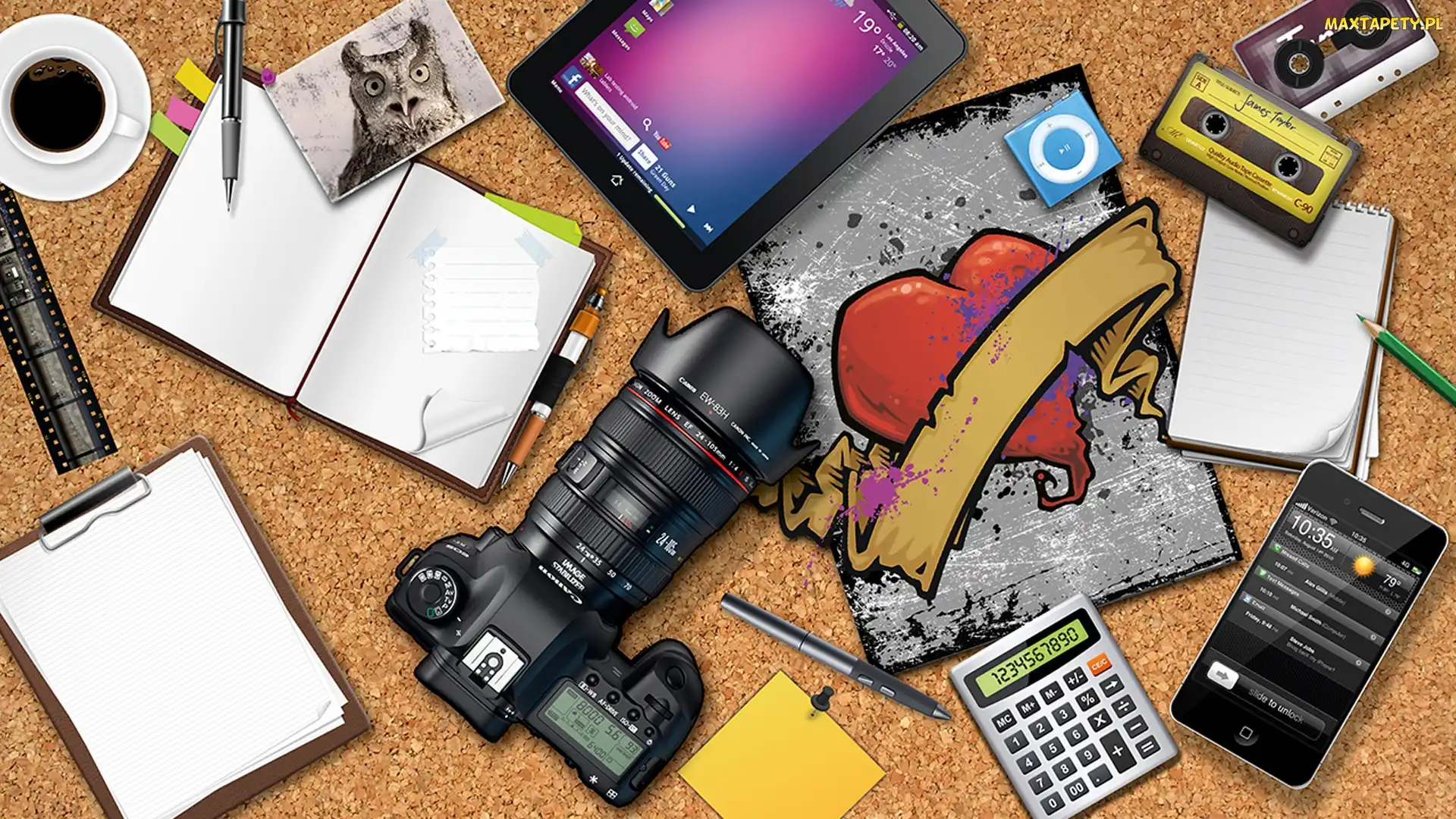 Kalkulator, Tablet, Kasety, Telefon komórkowy, Aparat fotograficzny