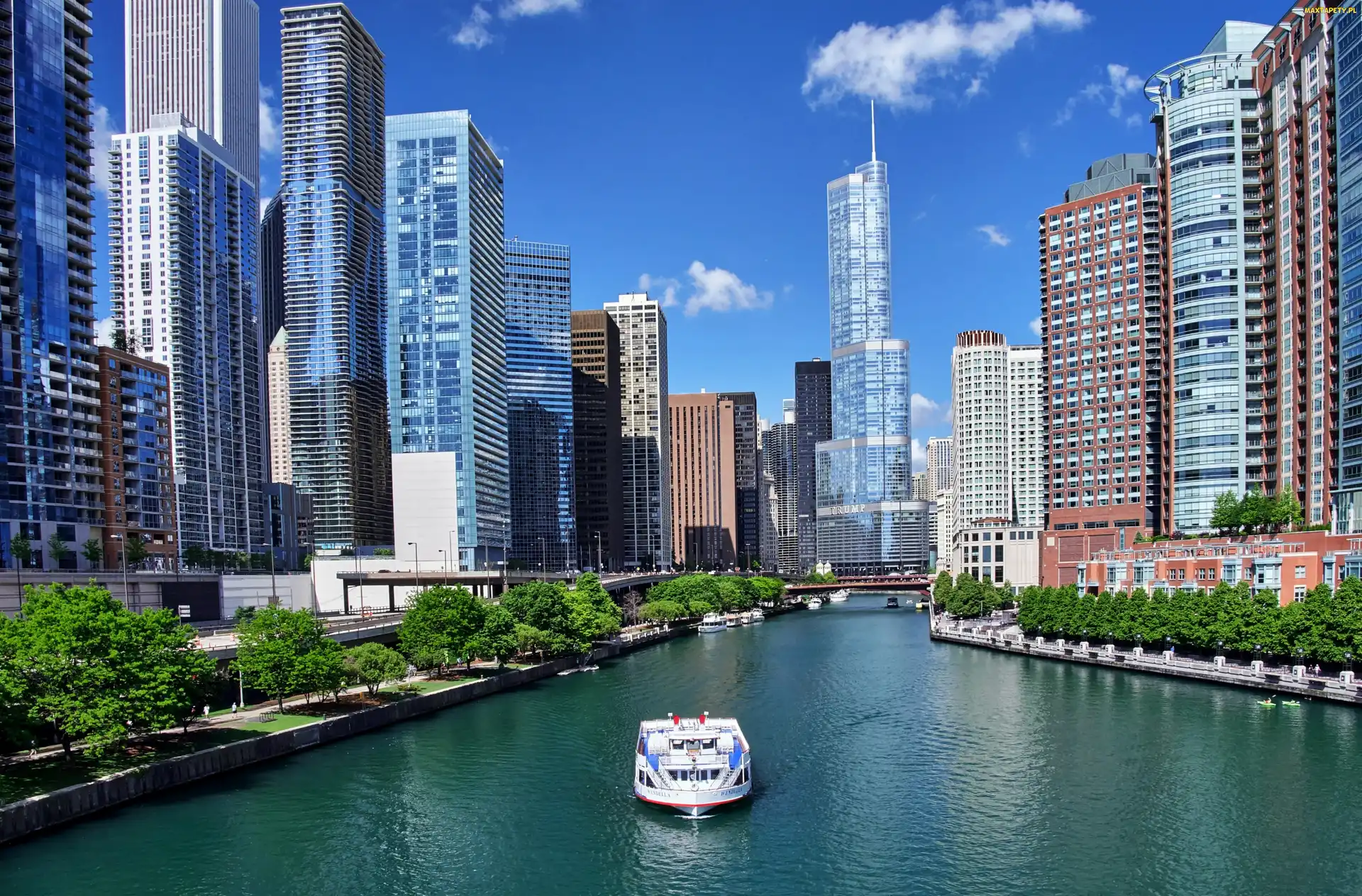 Statek, USA, Chicago, Wieżowce, Rzeka