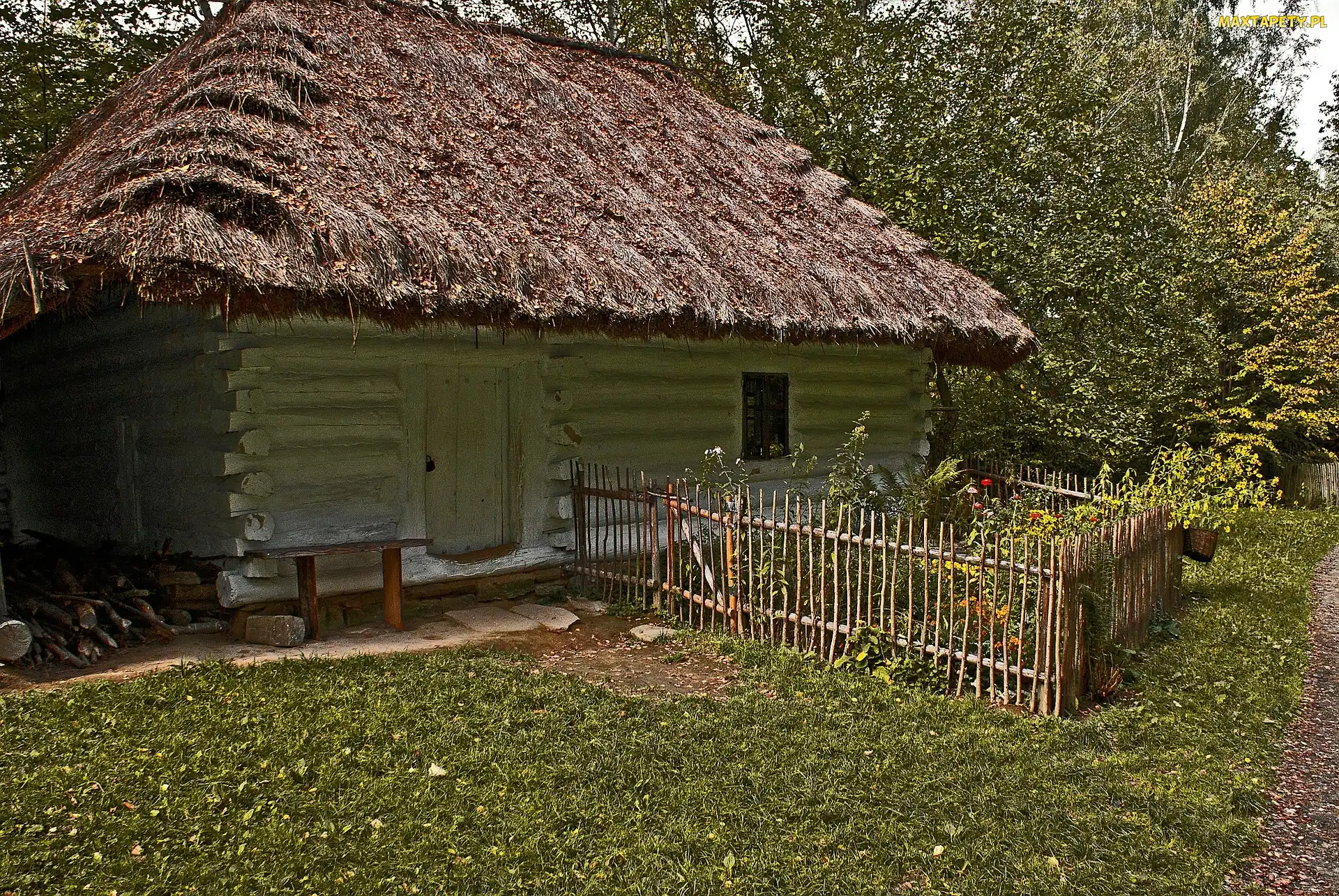Ogródek, Dach, Domek, Płot, Słomiany, Stary, Drewniany