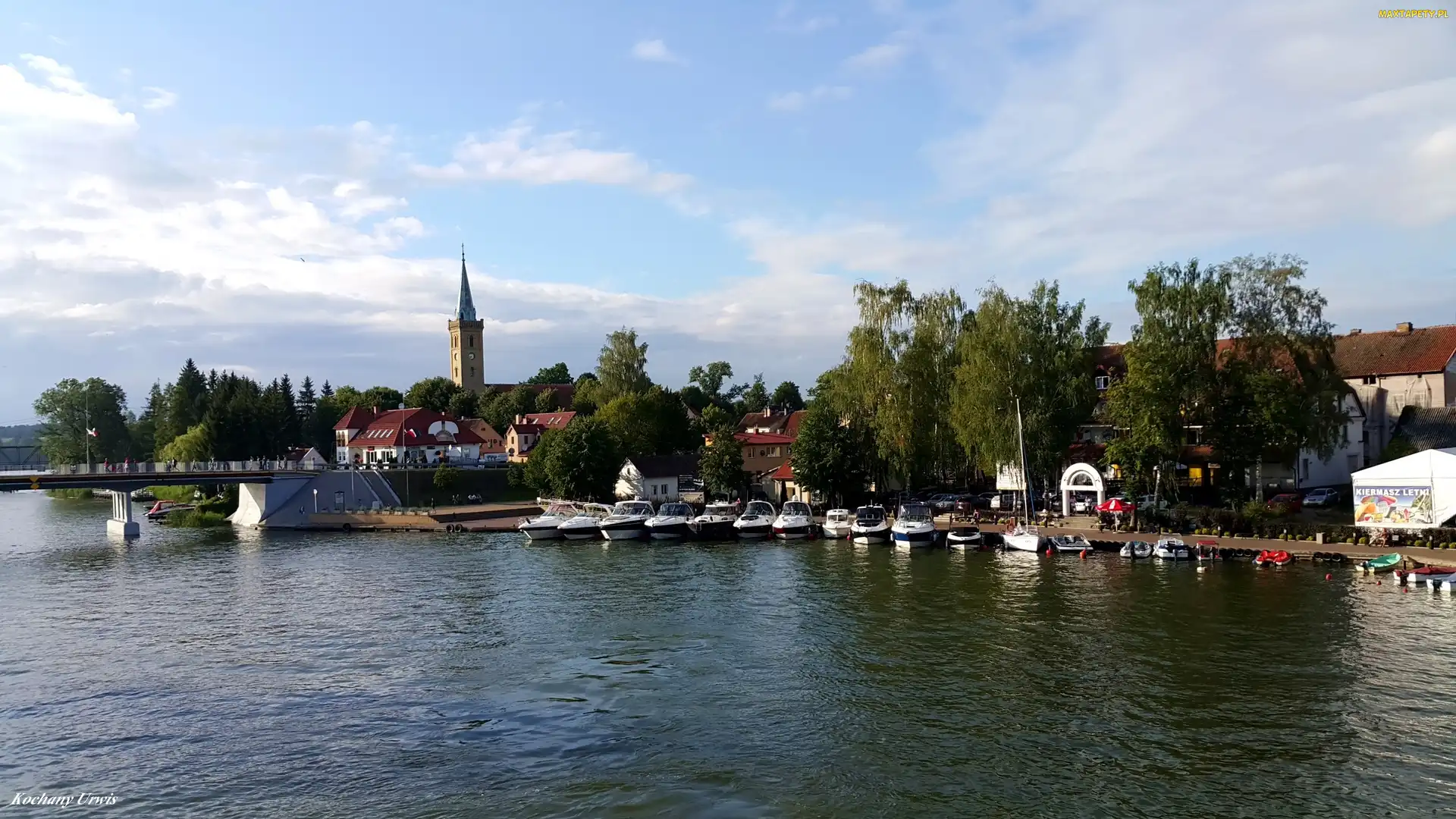 Kościoła, Wieża, Most, Rzeka, Przystań, Motorówki