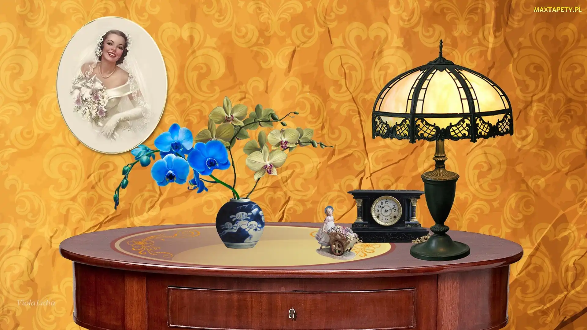 Storczyki, Lampa, Portret, Grafika, Stół, Dekoracje