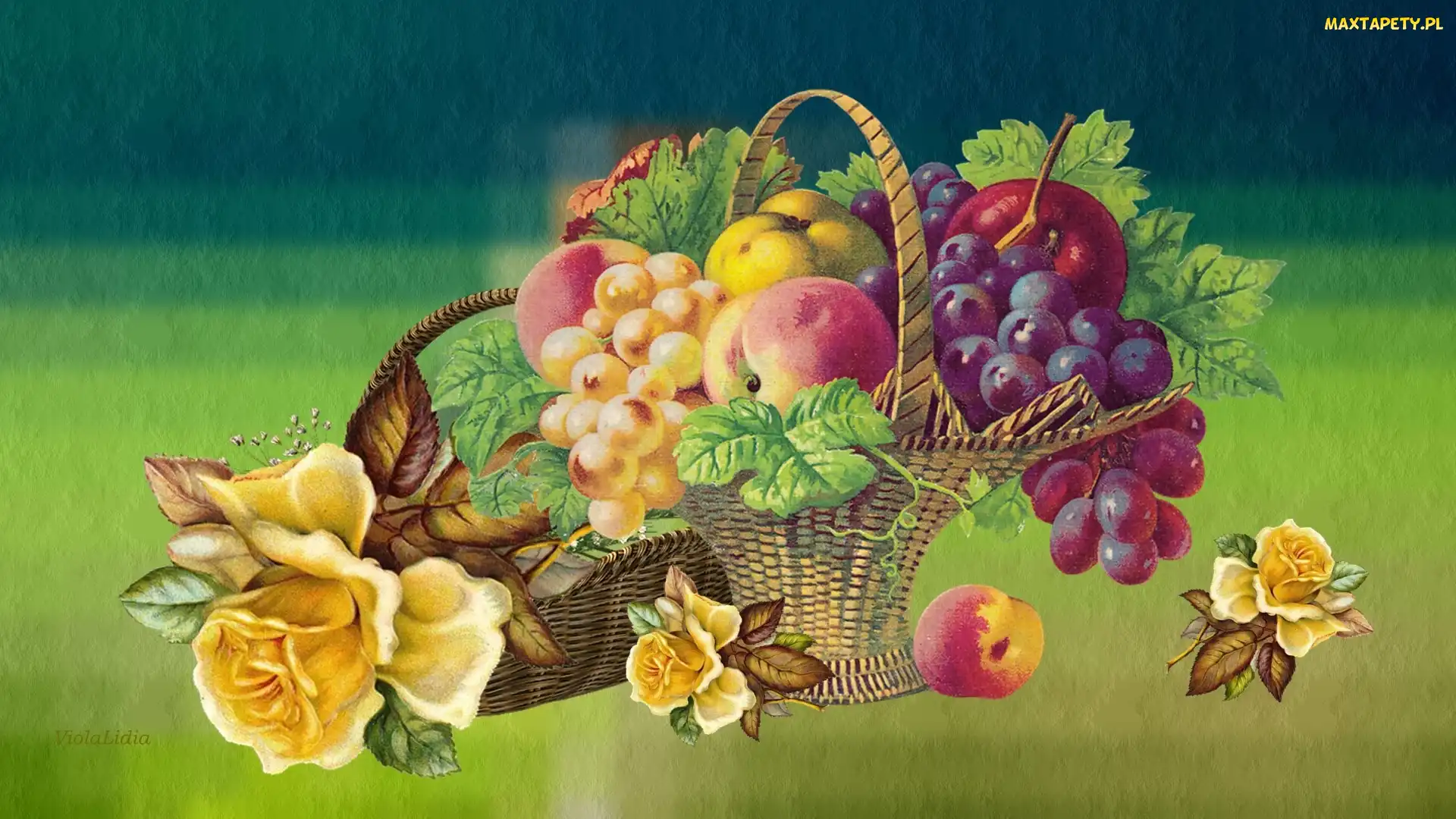 Vintage, Winogrona, Grafika, Owoce, Kwiaty, Kosz, Róże, Brzoskwinie