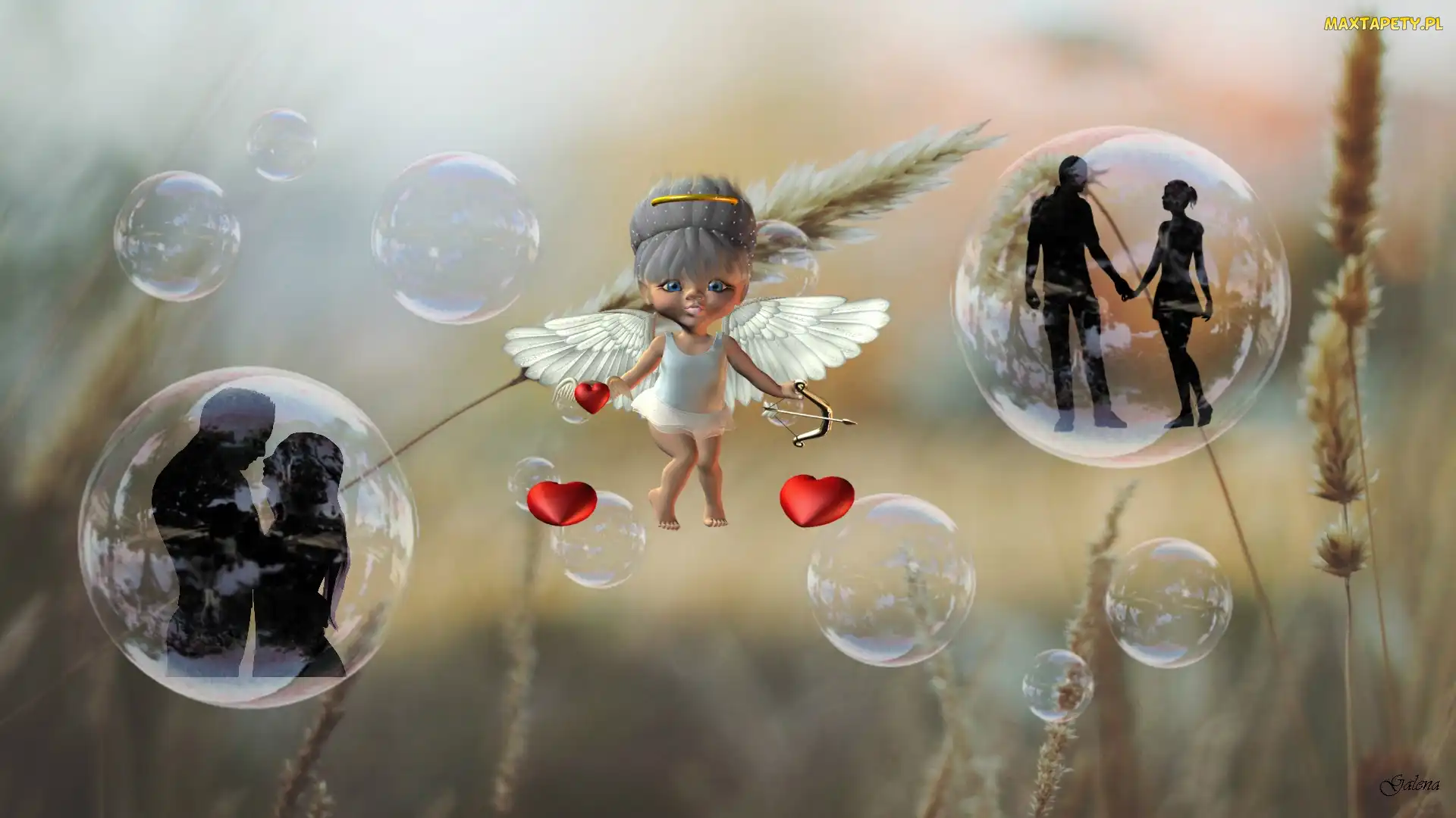 Miłość, Zakochani, Laleczka, Grafika 2D, Bańki, Amor, Serca