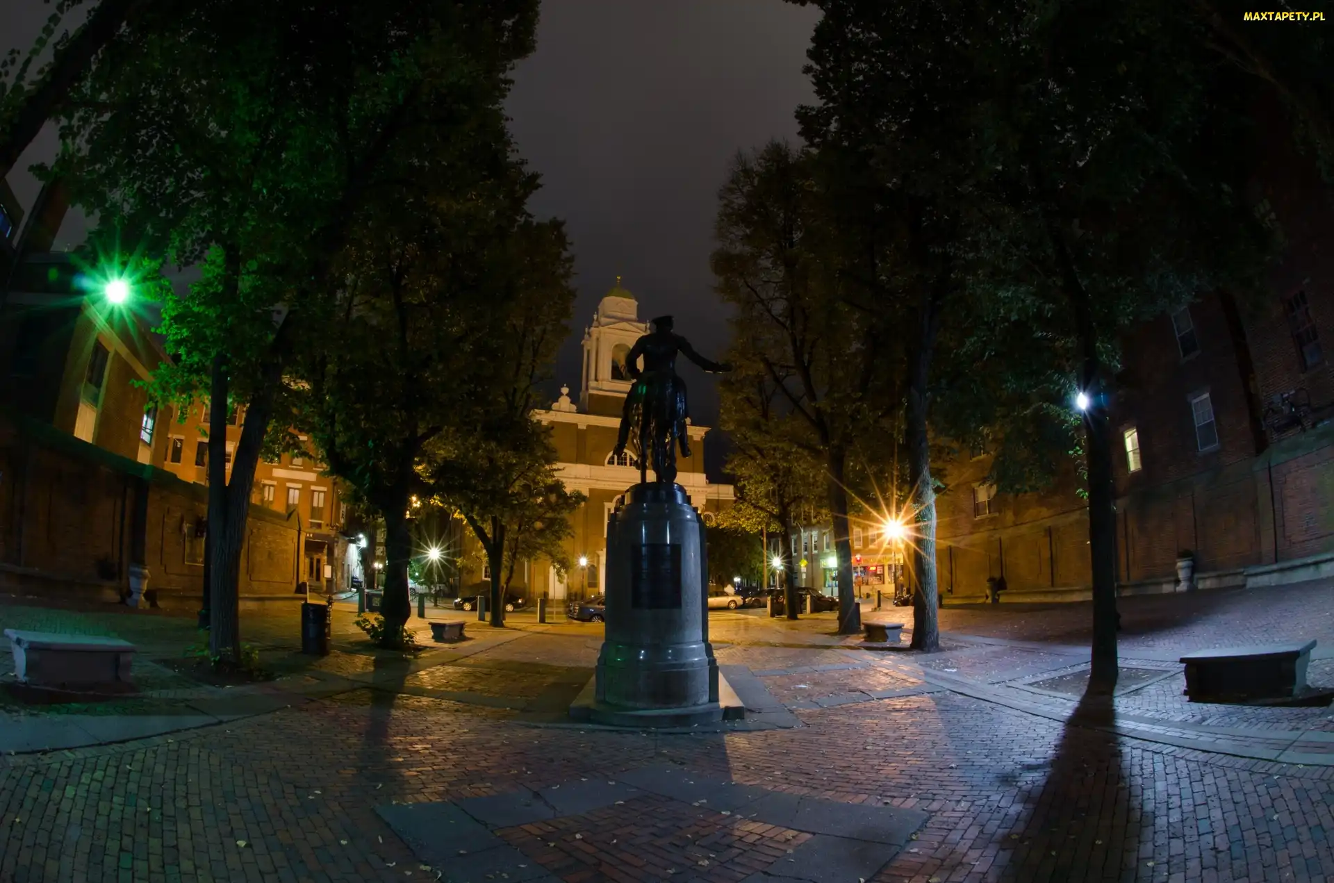Miasto, Deptak, Neony, Noc, Drzewa, Pomnik