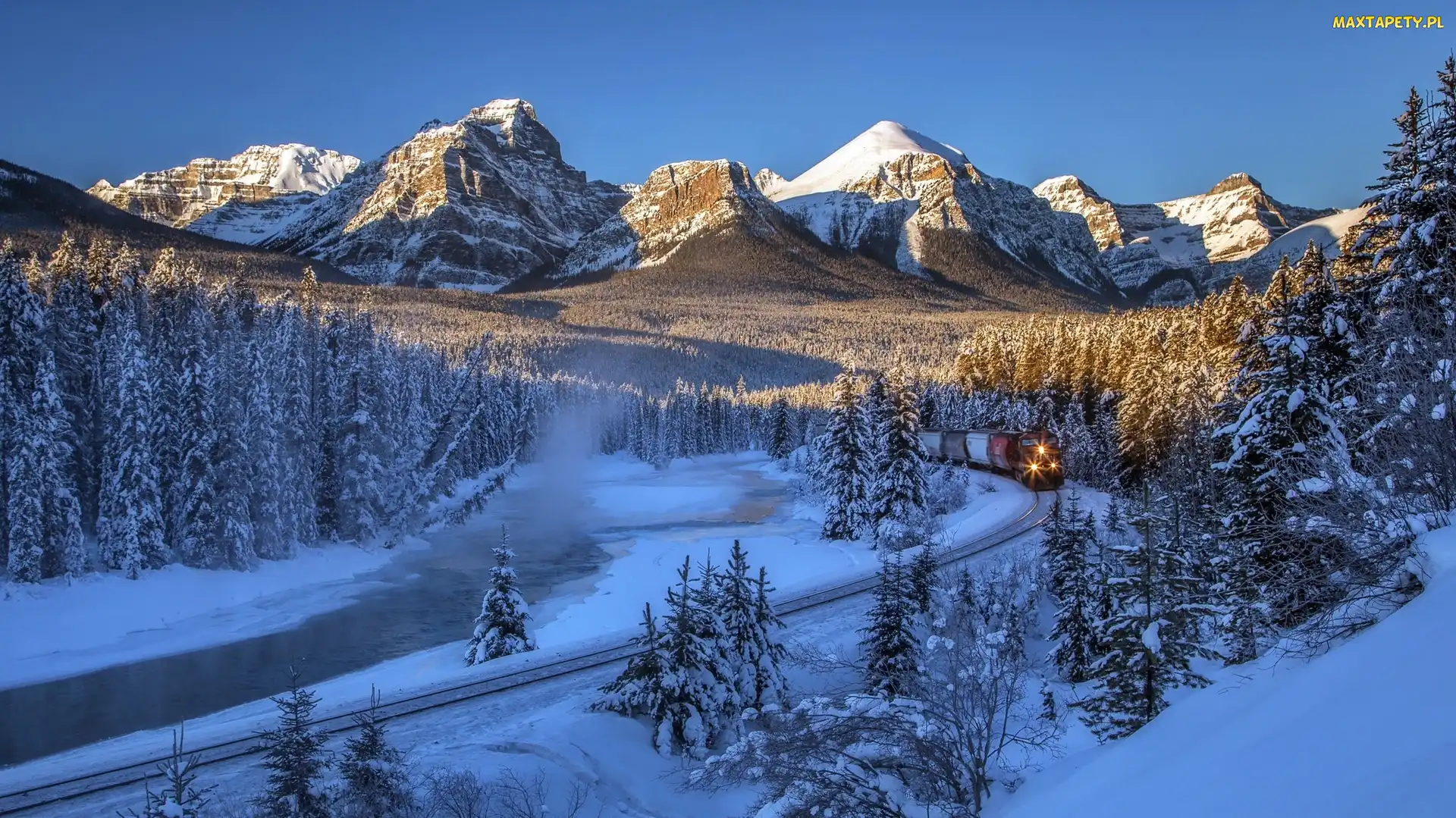 Pociąg, Góry, Zima, Rzeka, Góry Skaliste, Kanada, Park Narodowy Banff, Lasy