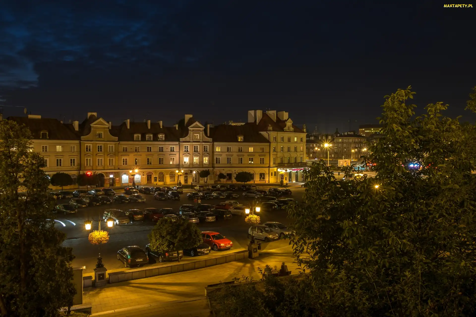 Drzewa, Budynki, Plac Zamkowy, Lublin, Noc, Samochody
