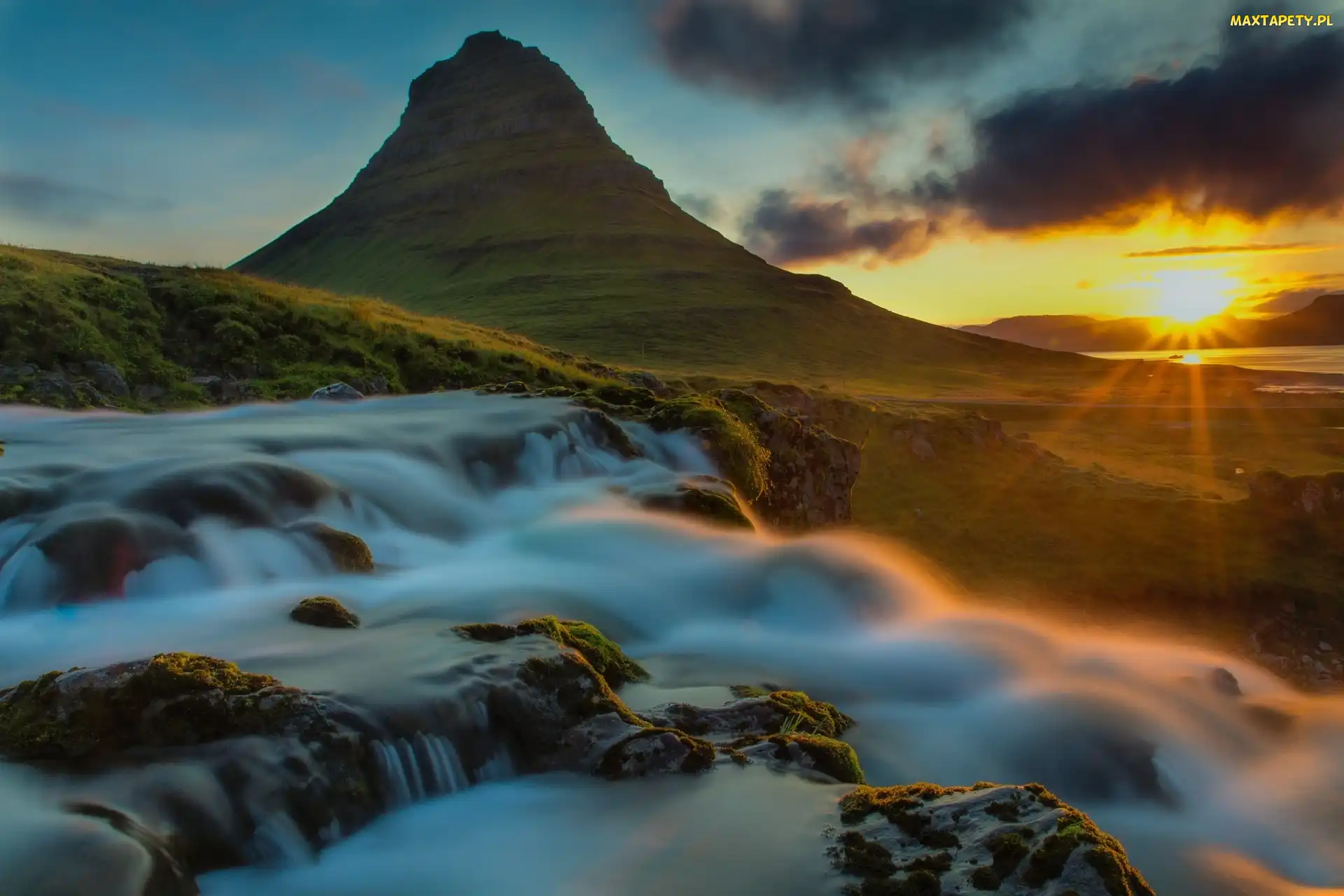 Wodospad, Islandia, Wschód Słońca, Góra