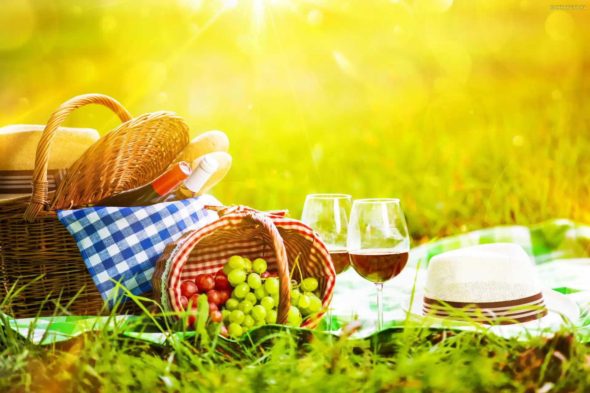 Słońce, Lato, Wino, Kapelusze, Winogrona, Piknik, Koszyki