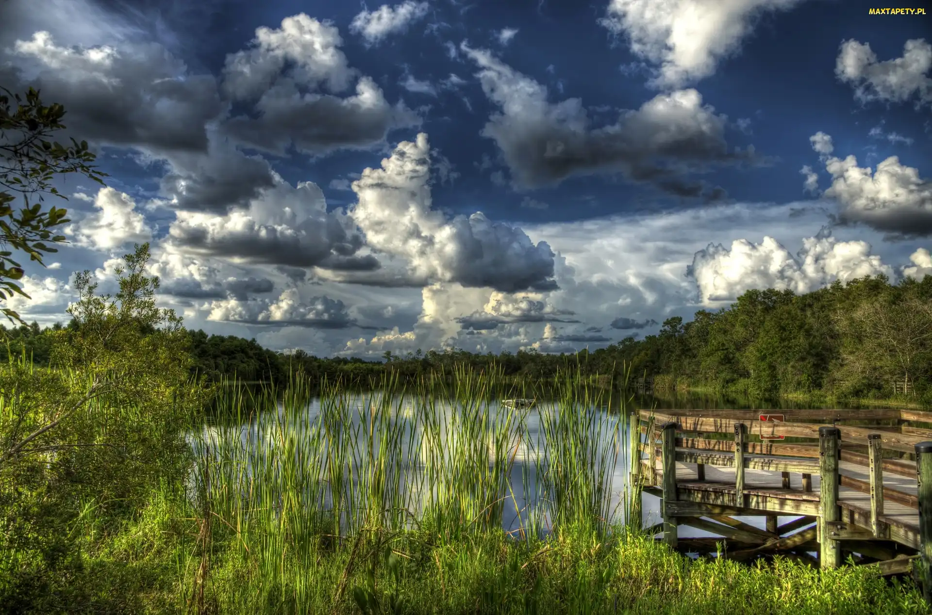 HDR, Roślinność, Zachmurzone, Jezioro, Niebo, Pomost