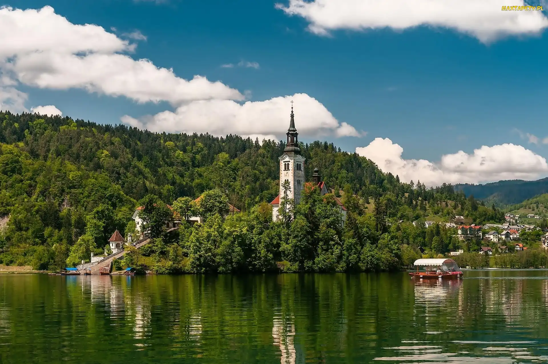 Góry, Łódki, Słowenia, Jezioro Bled, Kościół, Domy