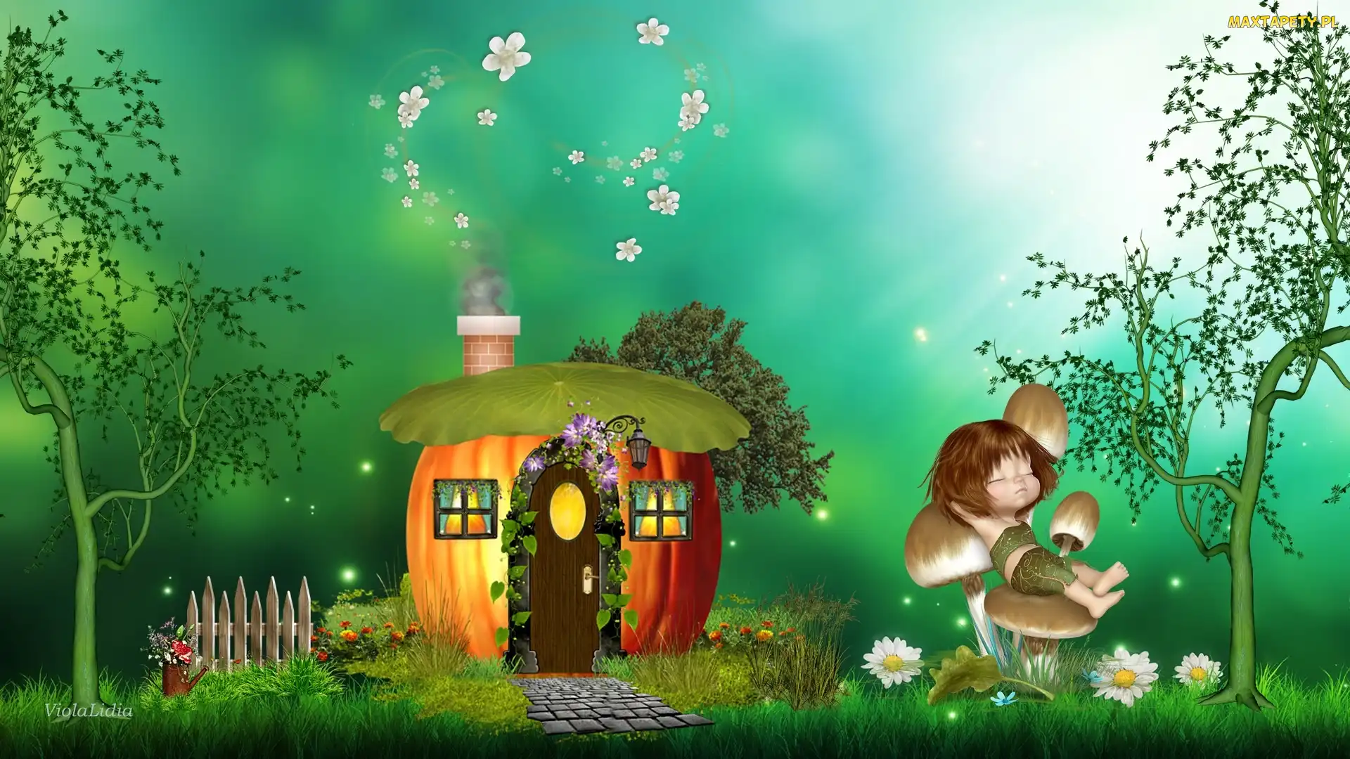 Grafika, Grzyby, Laleczka, Drzewa, Domek